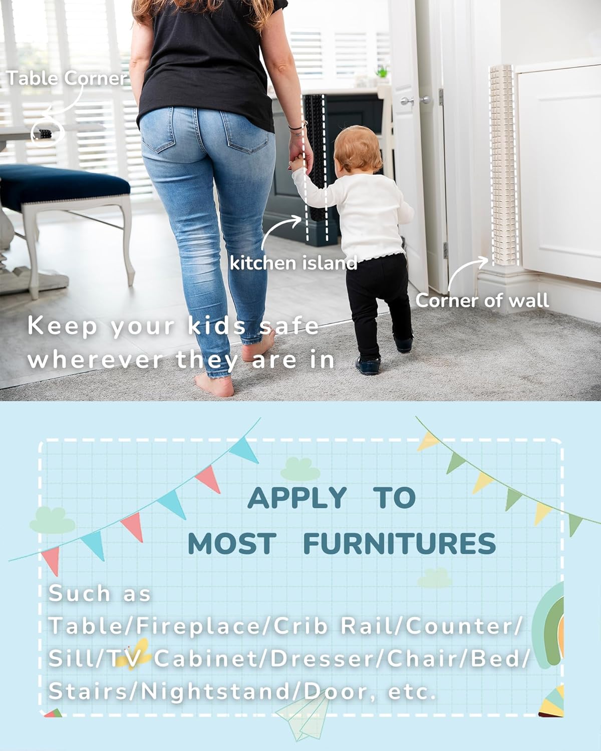 Baby Proofing Corners and Edges Guards Protectors Foam 3M Pre-Taped Bumper Furniture Covers Child Safety Protector for Table, Stair, Cabinet, Desk, 6.6ft (Black)