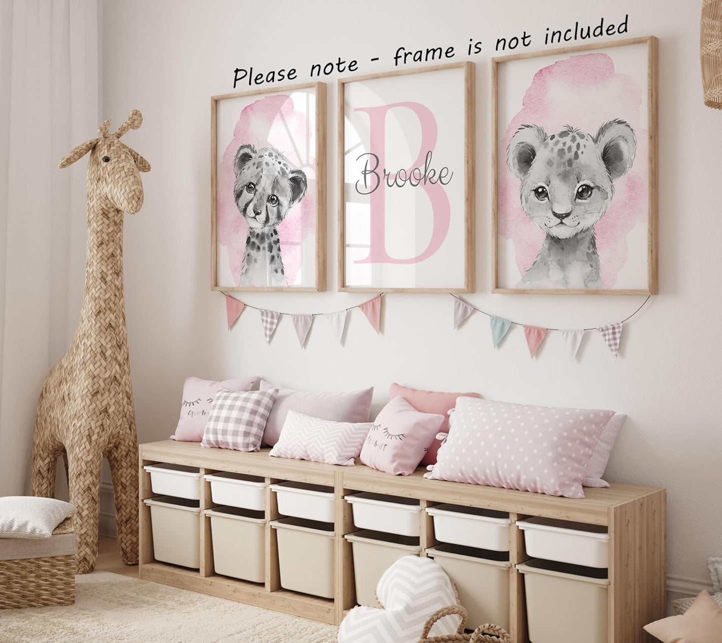 Safari Animals Set of 3 Unframed Poster Prints for Baby Girls Nursery Bedroom Playroom, Personalized Name, Choice of 12 Animals, Pink Purple (17x22)