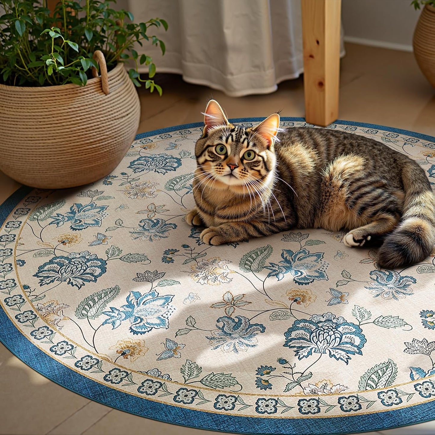 jinchan 5ft Floral Round Rug for Entryway Washable Kitchen Rug Vintage Romance Design Non Slip Indoor Doormat Lightweight Low-Profile Throw Carpet for Living Room Dining Room Bedroom, Blue/Beige