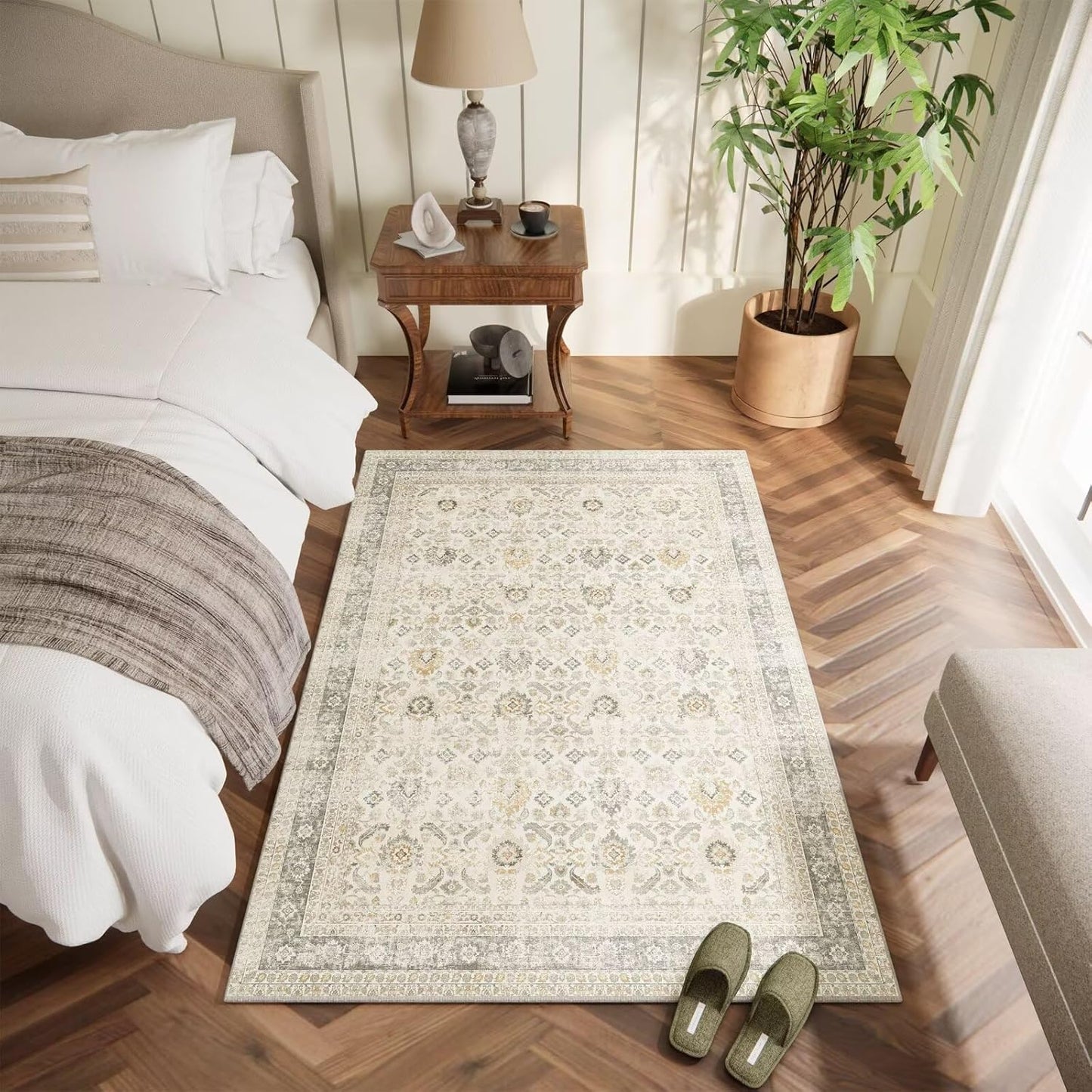 Washable 4x6 Rugs for Living Room, Boho Non-Slip Silicone Backing Small Rugs for Bedroom Nursery Office, 0.3" Neutral Oriental Throw Carpet with 0.16" Cushioning Pad, Grey/Multi