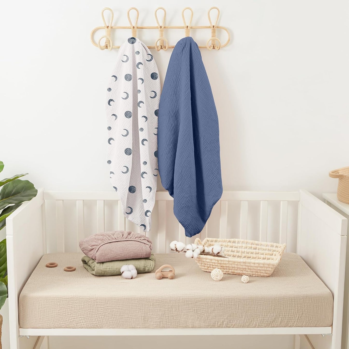 Bearmoss Muslin Crib Sheets 100% Cotton Baby Crib Sheets Soft&Breathable Nursery Sheet 52"x28" for Standard Crib Mattress&Toddler Bed Mattress - 2 Pack (Blue Crescent)