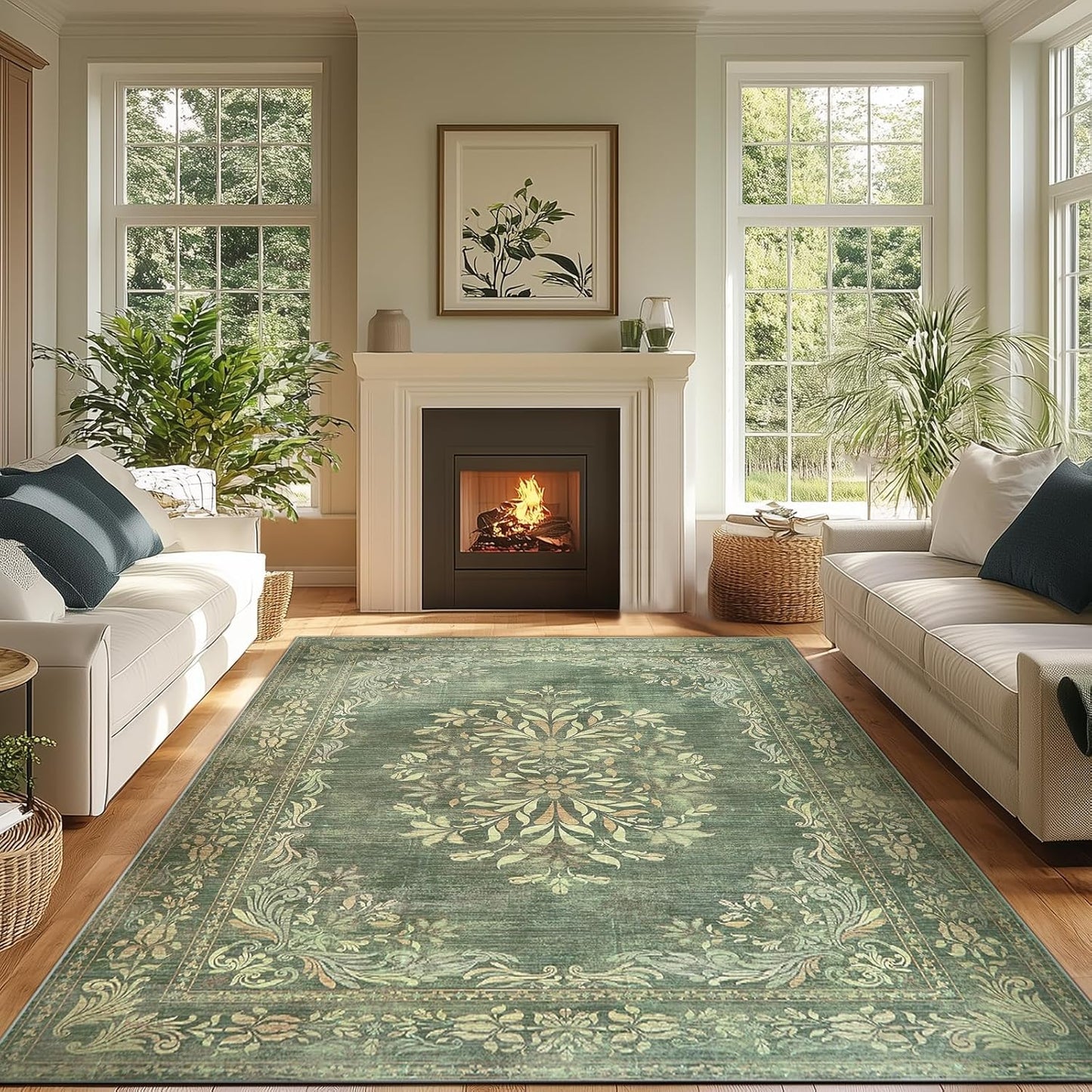 jinchan Green Floral 8x10 Area Rugs for Living Room - Machine Washable Vintage Distressed Design Soft Throw Rug Non-Slip Large Carpet for Bedroom Nursery Dining Room Home Office (8x10ft,Dark Green)