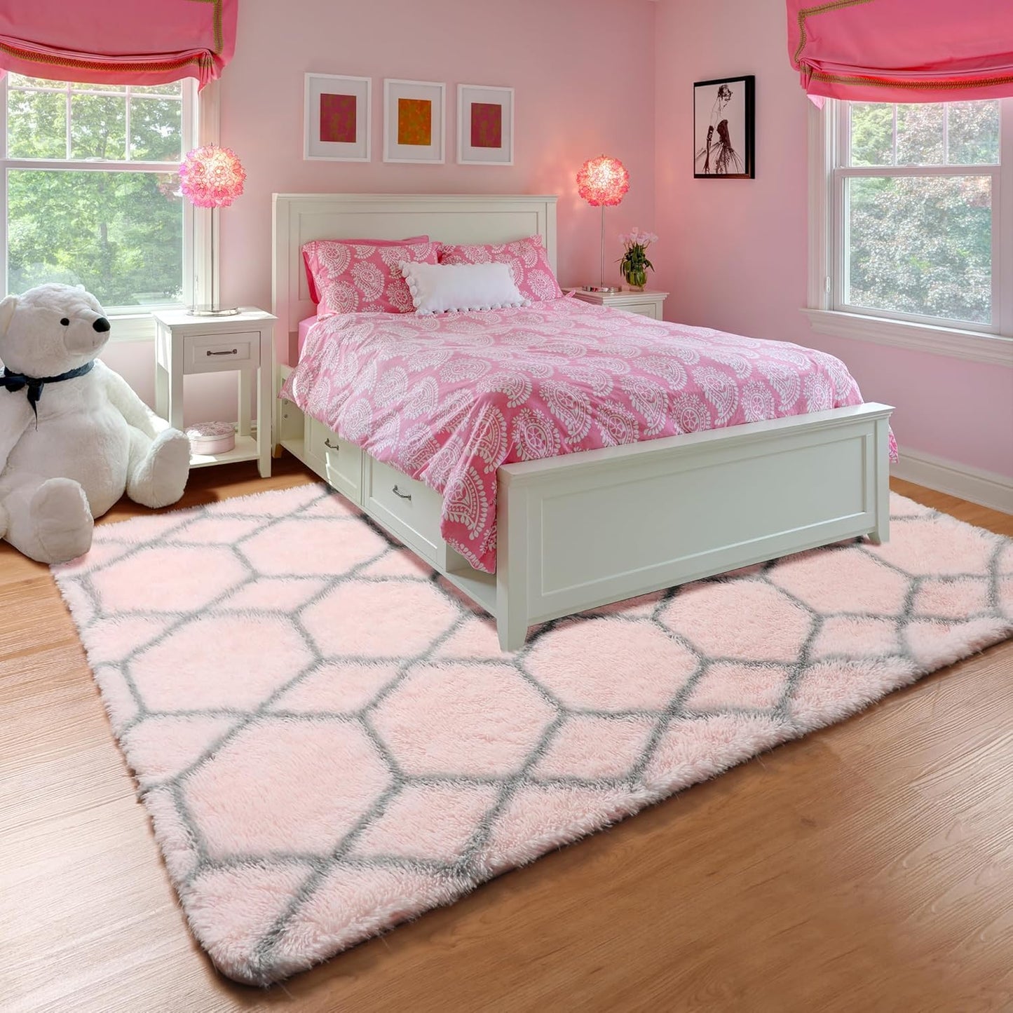 ONASAR Area Rugs for Bedroom Living Room, Washable 4x6 Fluffy Pink and Grey Throw Rug, Shaggy Geometric Soft Plush Floor Carpet for Nursery Girls Teen Playroom Dorm Home Decor Aesthetic