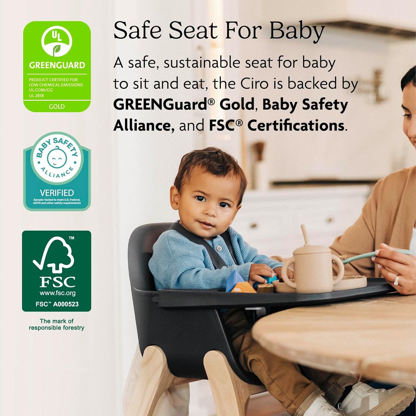 UPPAbaby Ciro High Chair/Sleek, Easy-to-Clean Design/Perfect-Fit Tray to Bring Baby to Table/Patent-Pending Harness/Dual-Position, 180-Degree Rotating Footrest/Emrick (Green/Rubberwood)