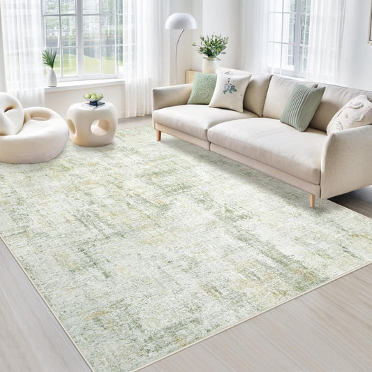 Area Rugs 5x7 Living Room: Washable Rug Modern Abstract Rugs Soft Non Slip Neutral Rug Stain Resistant Indoor Carpet for Bedroom Kitchen Dining Room Nursery Home Office Rugs(Green Brown,5'x7')