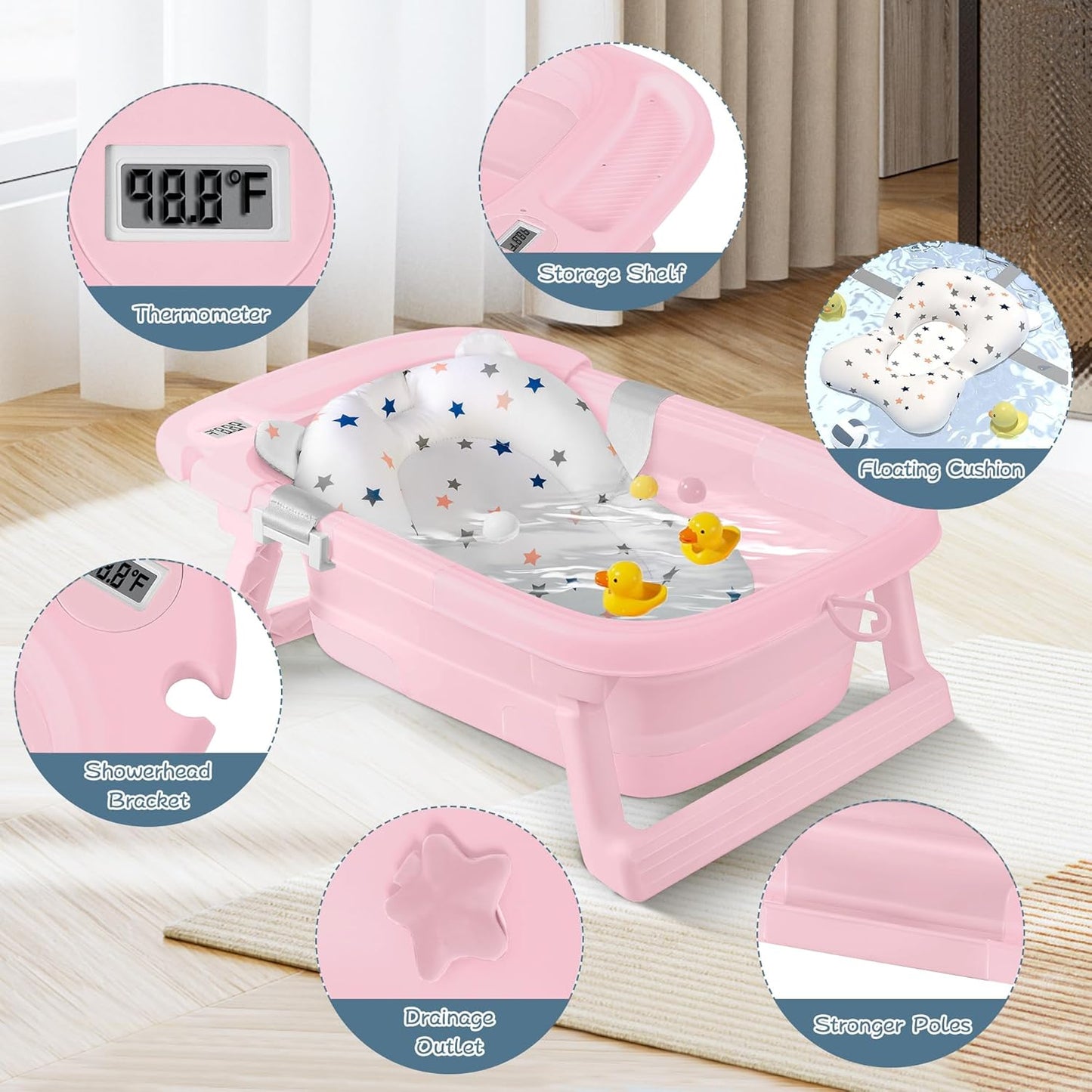 Collapsible Baby Bathtub,Baby Bath Tub with Thermometer & Soft Cushion,Baby Bathtub for Newborn to Toddler 0-36 Months,Portable Travel Baby Tub with No-Slip Feet,Baby Shower Gifts,Pure Pink
