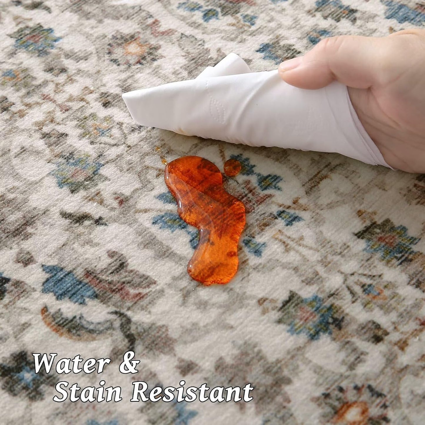 Washable 3x5 Entryway Rug Indoor, Boho Non-Slip Silicone Backing Small Rugs for Kitchen Nursery Office Bedroom, 0.3" Neutral Oriental Throw Carpet with 0.16" Cushioning Pad, Cream/Multi