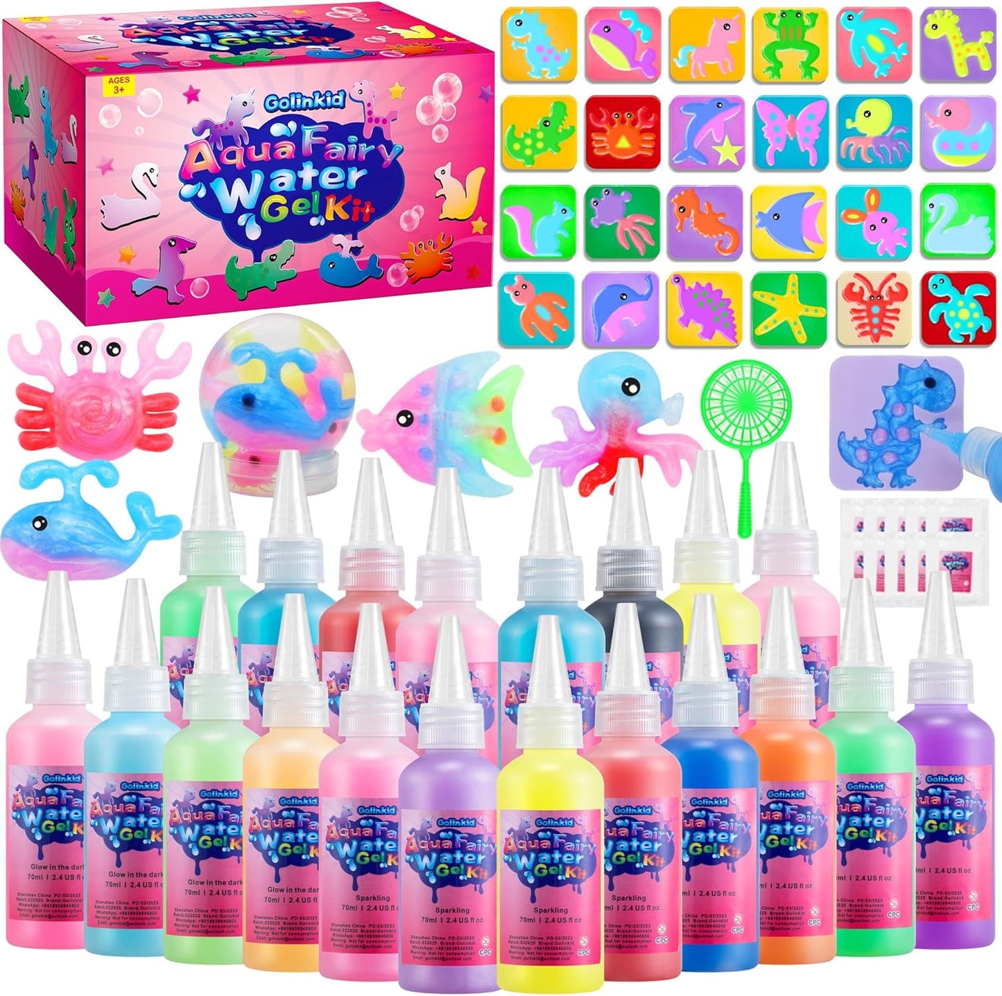 Magic Water Elf Toy Kit, 20 Bottles 24 Molds 70ML Aqua Fairy Water Gel Kit with Sparkling Magic Gel Glow in The Dark, Crate Your Own Magic Water Pets Aqua Fairy Craft Kits for Kids