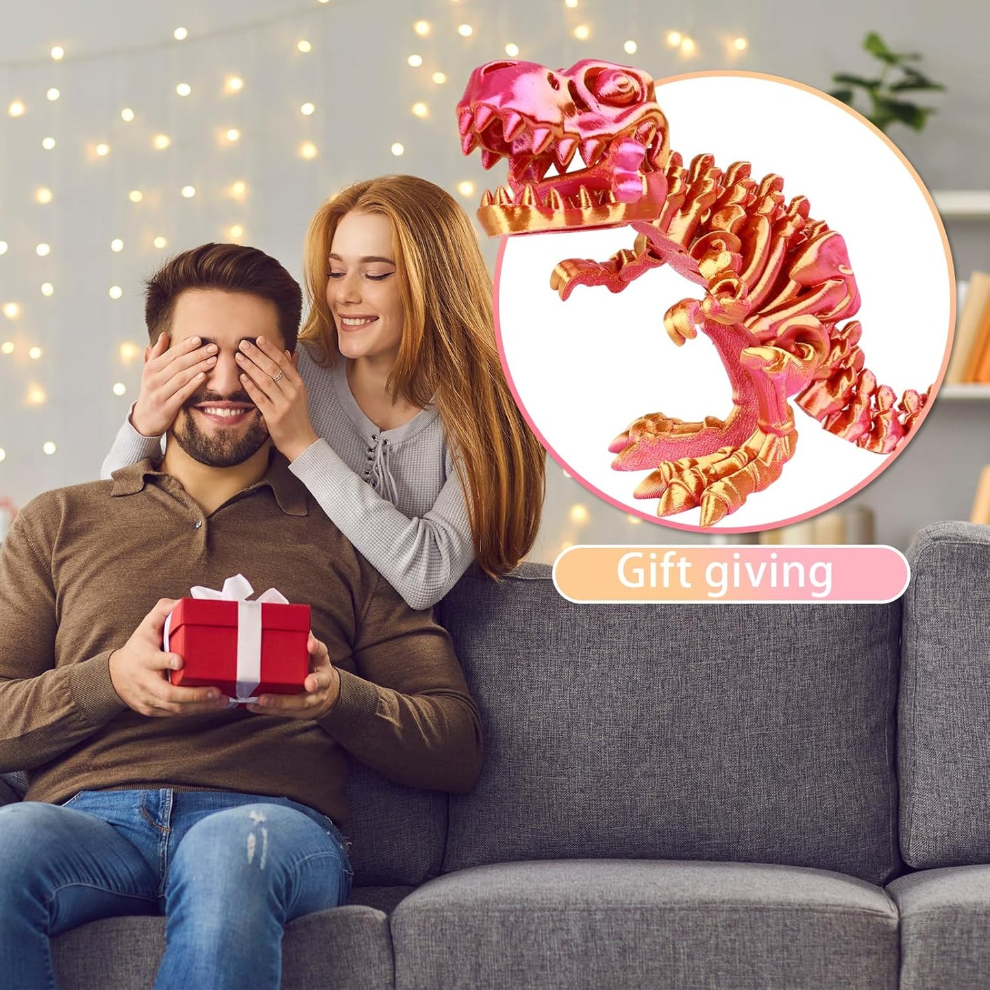 3D Printed Dinosaur Bone Skeleton Tyrannosaurus Rex with Movable Jaw Fidget Dinosaur Toys Full Articulated Dinosaur Executive Desk Toys Home Office Decor, Red Mix Yellow