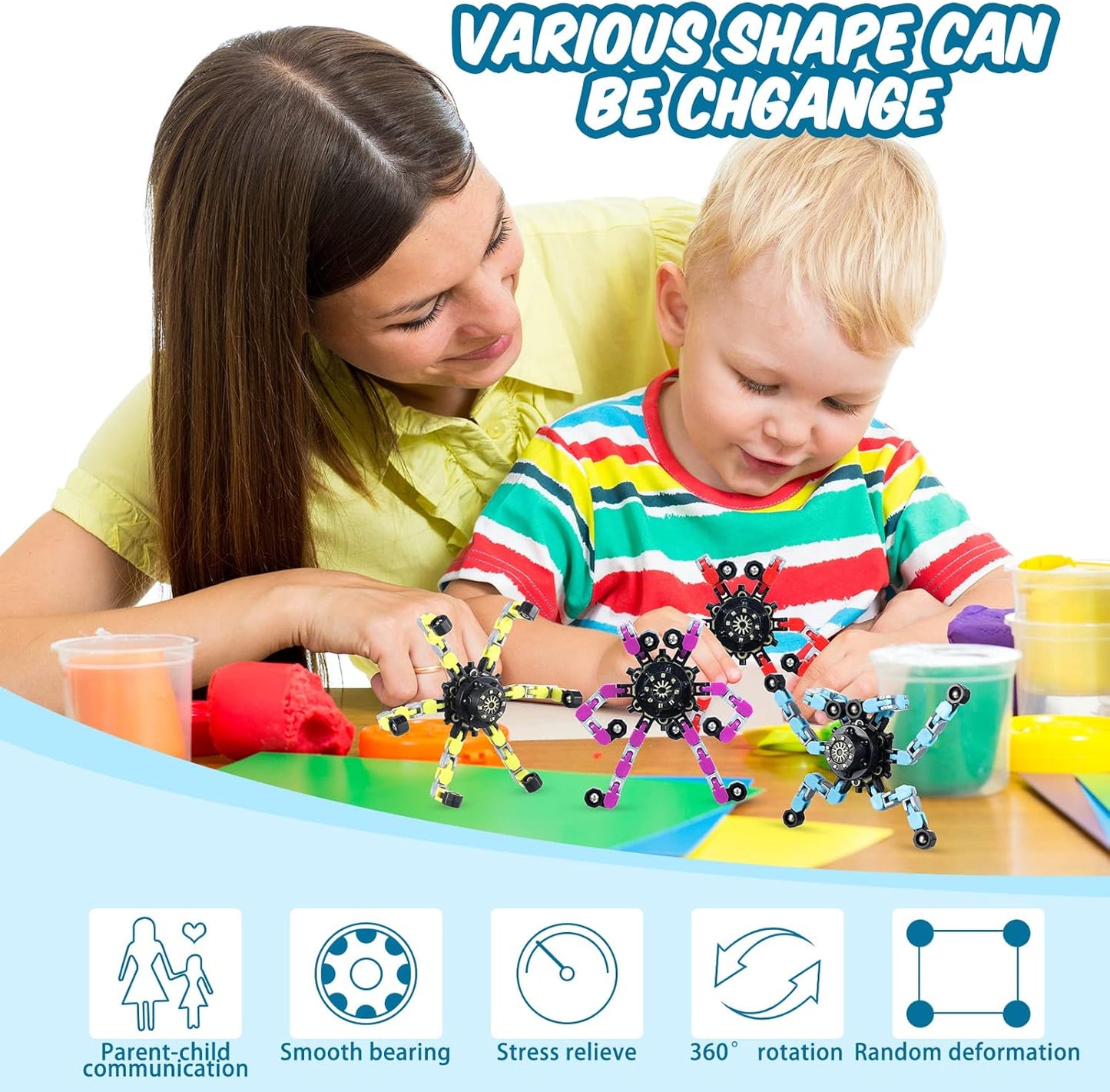 Zhanmai Transformable Fidget Spinners Fidget Toys for Kids and Adults Stress Relief Sensory Toys Transformable Chain Robot Fingertip Gyros for ADHD Autism for Kids Gifts(32 Pack)