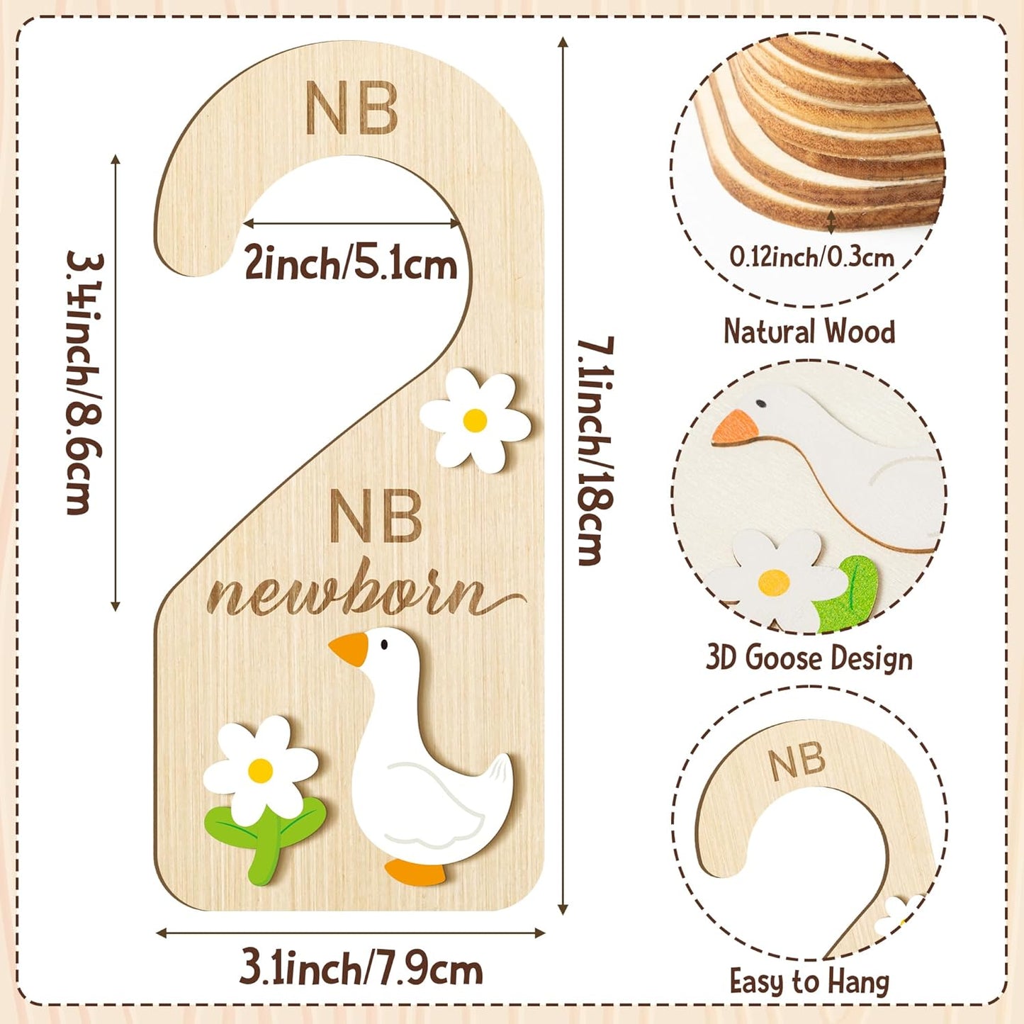 R HORSE Wooden Baby Closet Dividers - 3D White Goose Baby Closet Organizer, 8Pcs Double-Sided Cute Goose Newborn Clothes Size Hanger Dividers, Nursery Decor Birthday Gift for Boy Girl (0-24 Months)