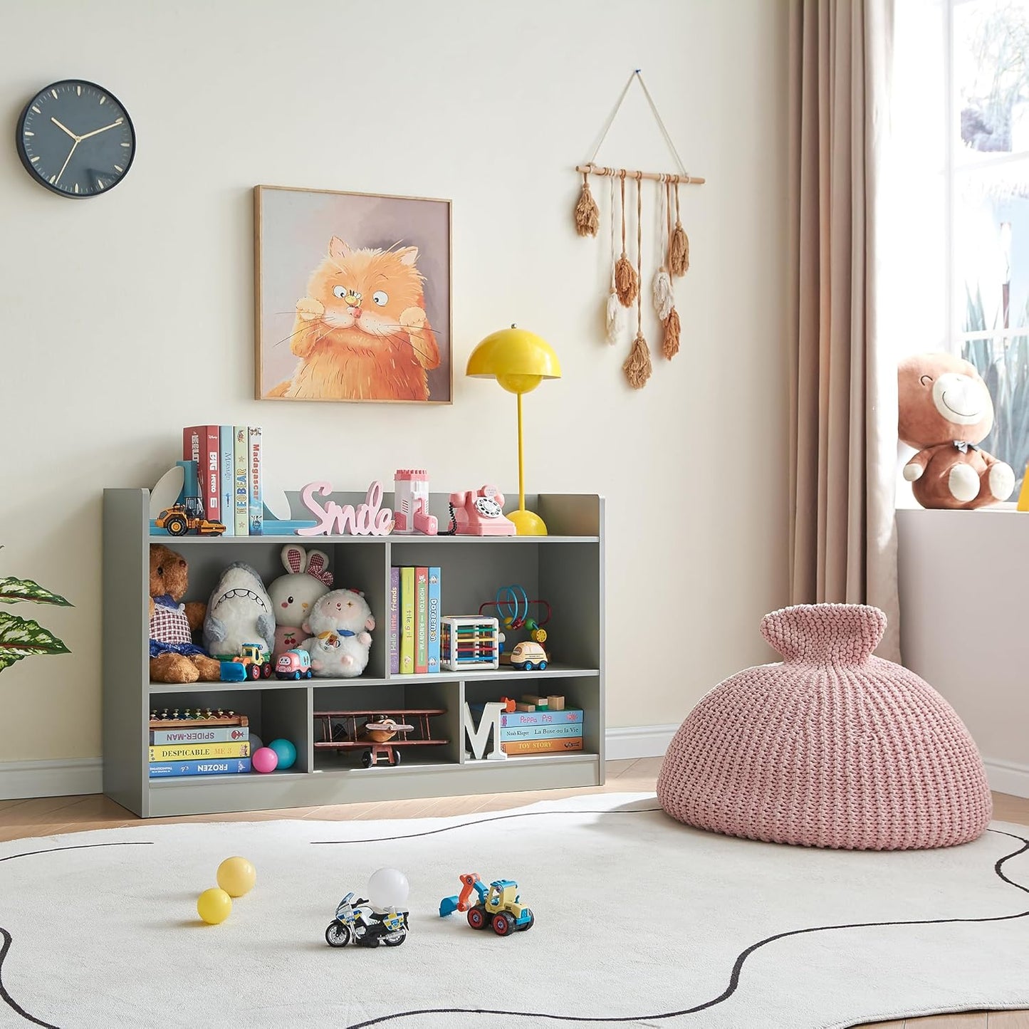 Kids Toy Storage Organizer, 5-Section Bookshelf for Organizing Books Toys, Wooden Storage Cabinet Daycare Furniture for School, Classroom Playroom, Nursery, Kindergarten (Grey)