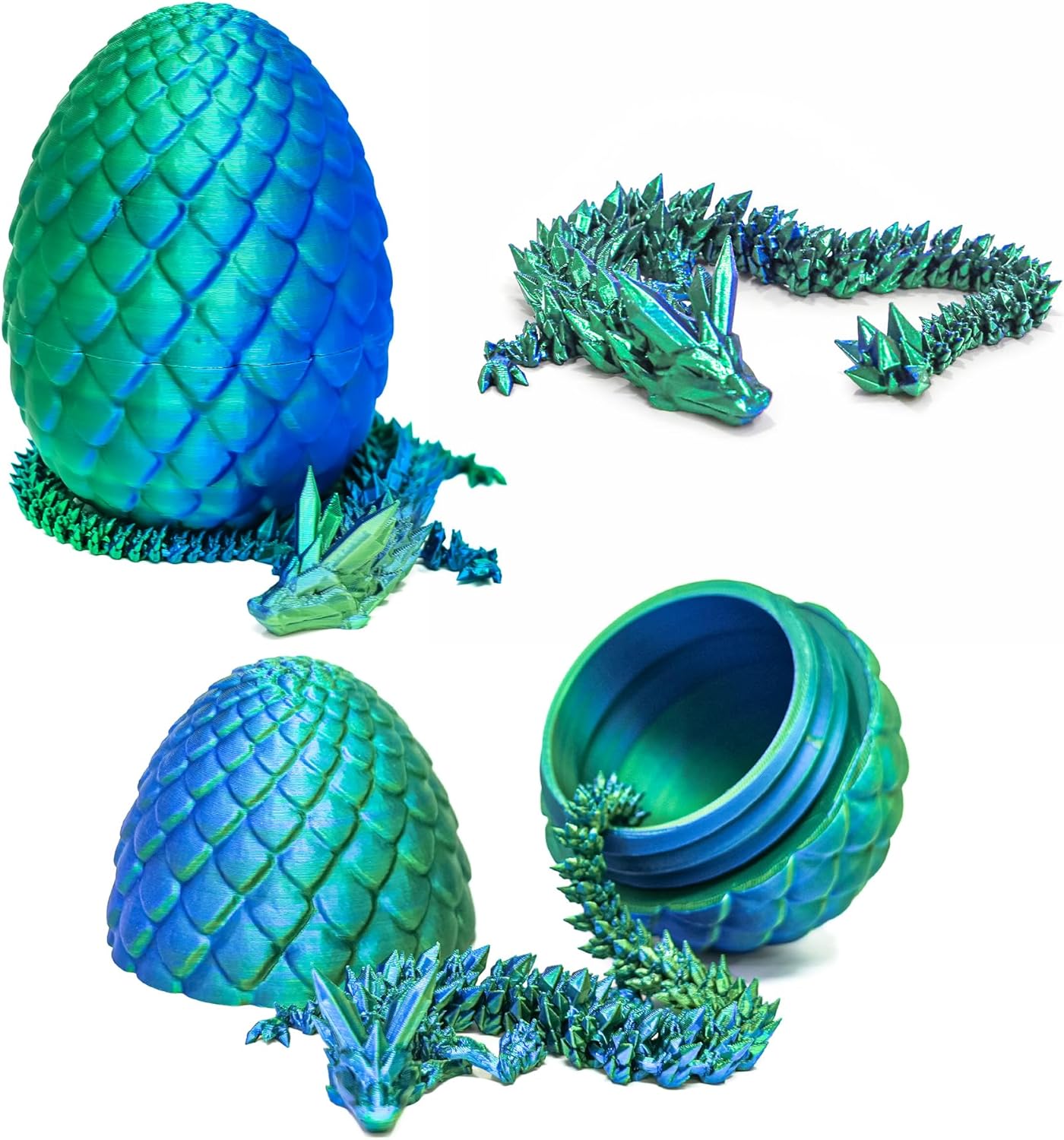 Dragon Egg - 3D Dragon Egg with Flexible Pearly Sheen Dragon Inside, 3D Printed Surprise Gift, Articulated Dragon Egg Fidget Toy, Dragon Figurine Decor (12” Dragon,Green Mix Blue)