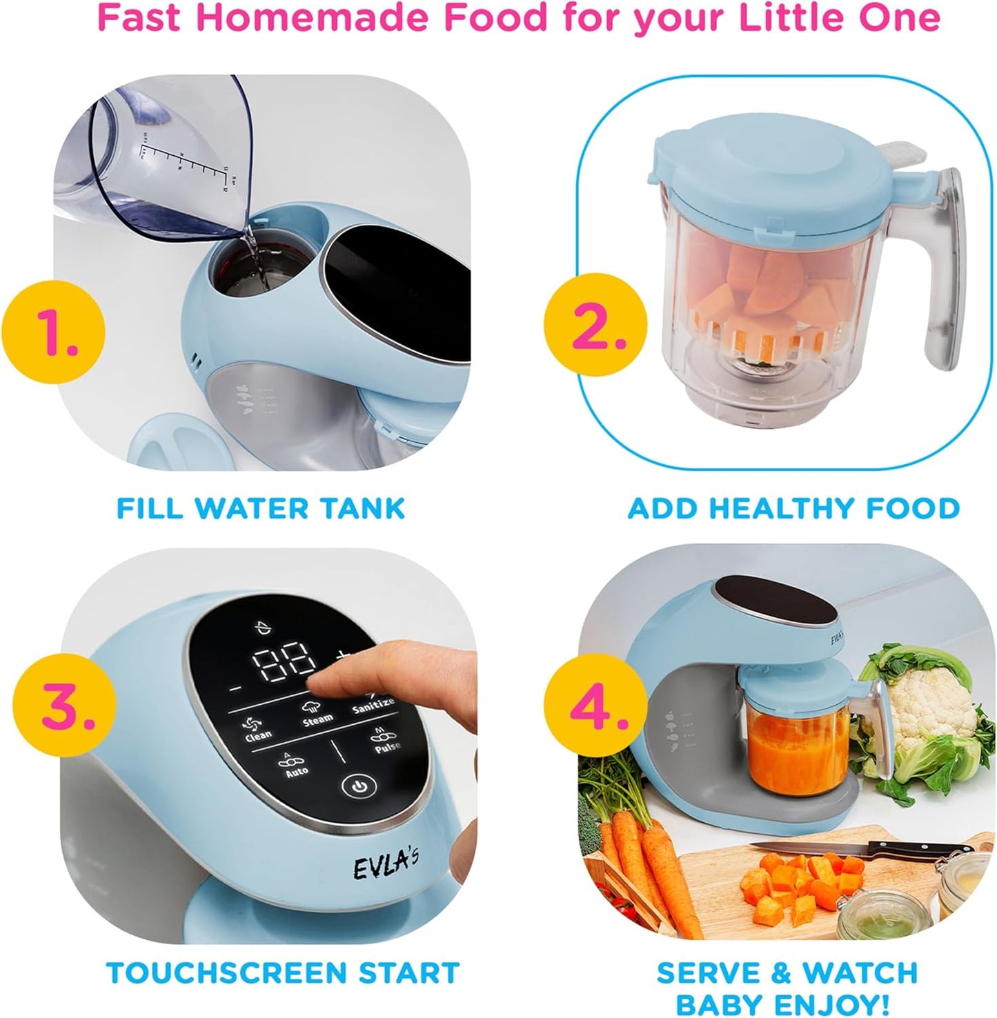 EVLA'S Baby Food Maker, Steamer, Blender, Baby Food Processor for Healthy Homemade Baby Food in Minutes, Touch Screen with 6 Reusable Food Pouches, Baby Registry Essential, Blue
