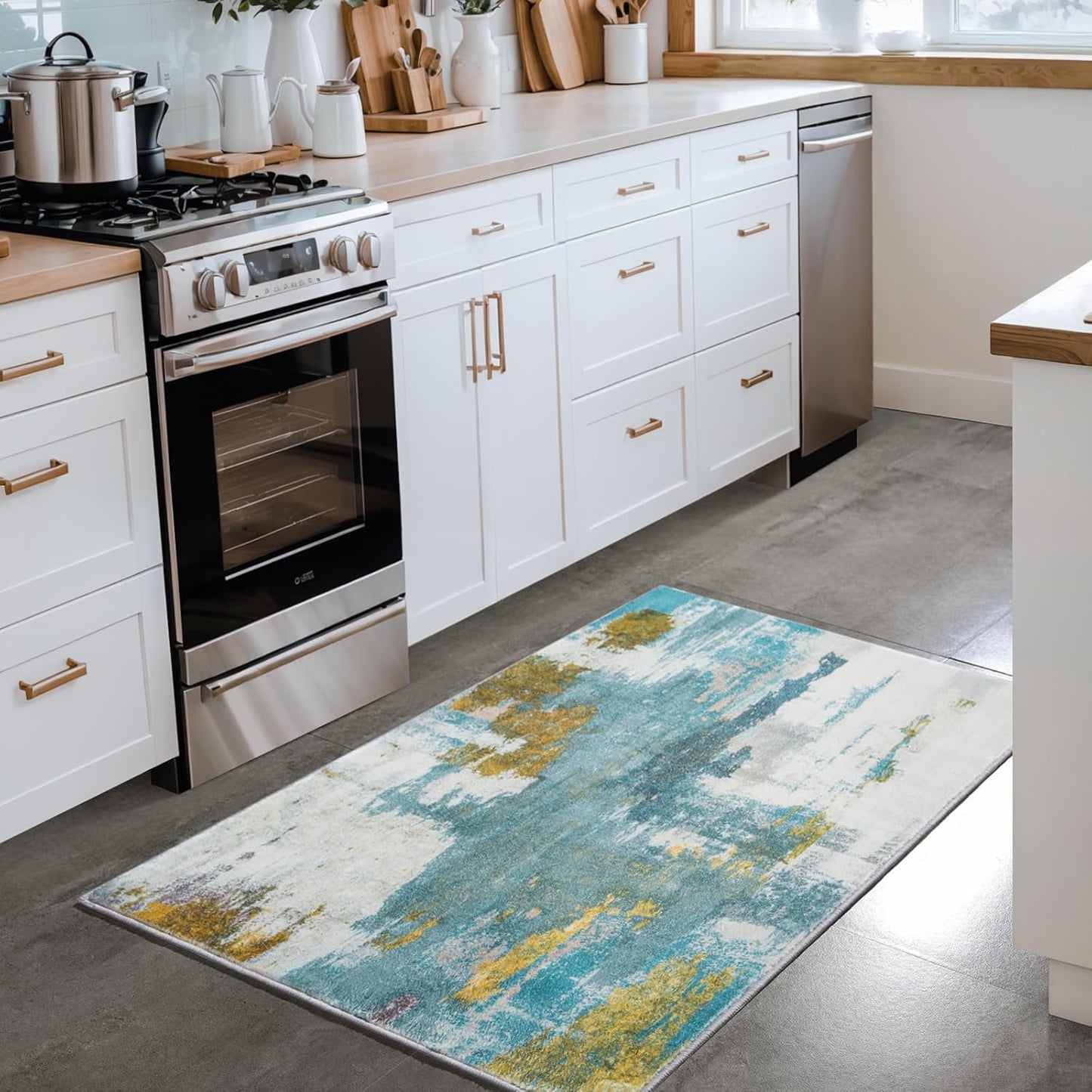 Entryway Rug 2x3 Blue Rug, Washable Abstract Small Rugs Non-Slip Low Pile Throw Rugs for Kitchen Floor, Front Door, Bedroom Bedside