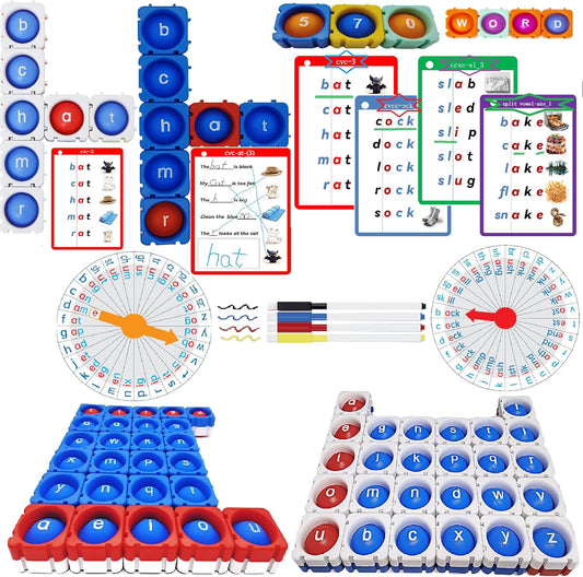 Interactive Reading & Phonics Toy, 570 Words & 4 Levels(CVC, CVCC, CCVC, Long Vowel) word family Handwritten FlashCard,Wheel design phonics disk, Word Pop Segment Blocks & Blend Sound,Preschool to 3rd
