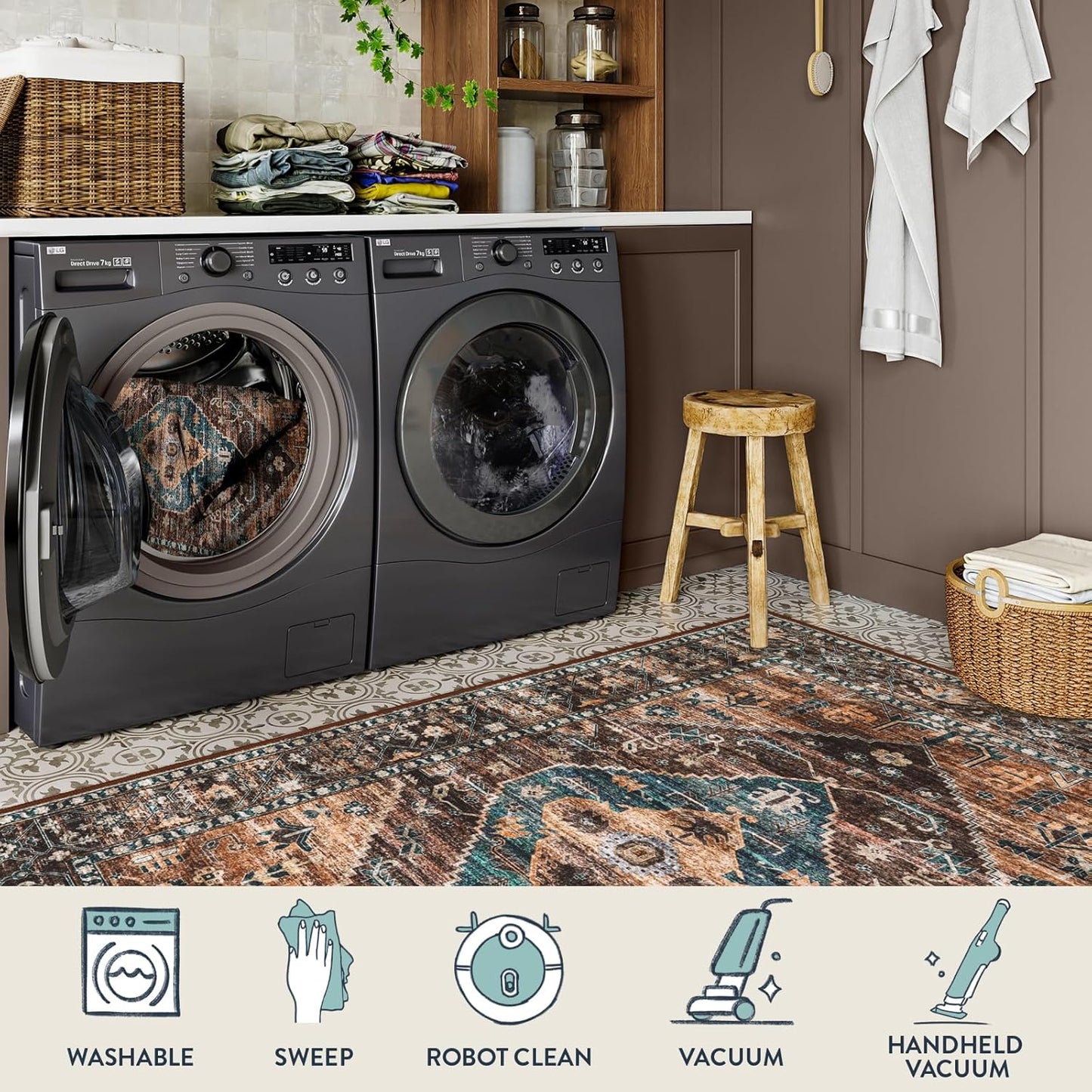 Lahome Washable Living Room Area Rug - 3x5 Non-Slip Ultra-Thin Rugs for Entryway, Throw Small Stain Resistant Kitchen Rugs, Vintage Medallion Print Carpet Rug for Office Bedroom Laundry Room Office