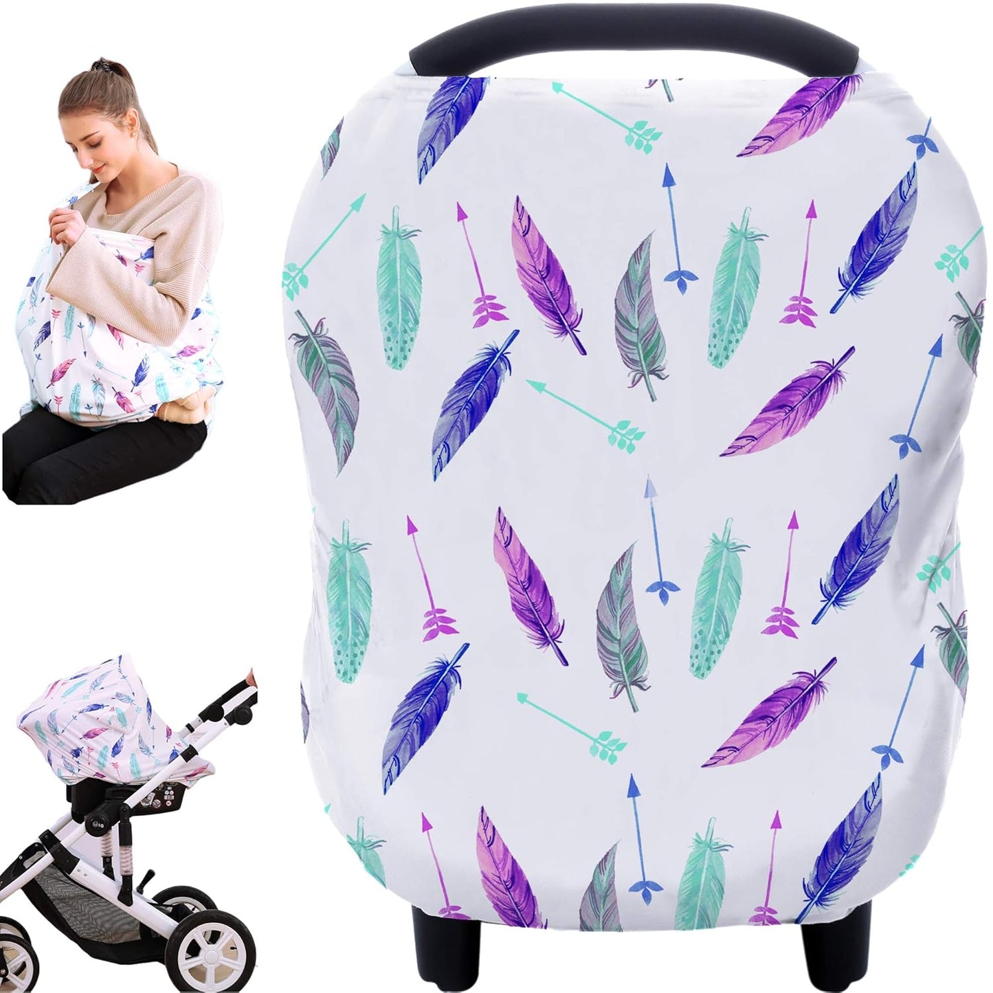 Carseat Canopy Covers for Breastfeeding - Baby Car Seat Covers Breastfeeding Cover Multi Use Boys and Girls Shower Gifts (Feather)