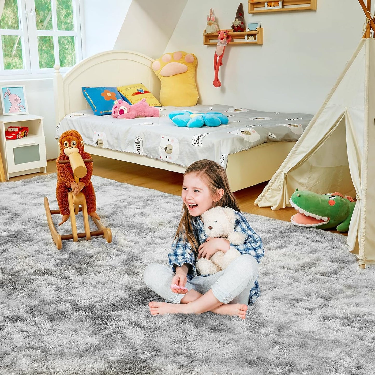 Ultra Soft Rug for Living Room, 6X9 Fluffy Shag Area Rug for Bedroom, Modern Shaggy Carpets Fuzzy Rug for Teens Dorm Nursery Home Decor Aesthetic, Upgrade Anti-Skid Durable, Tie-Dyed Light Grey