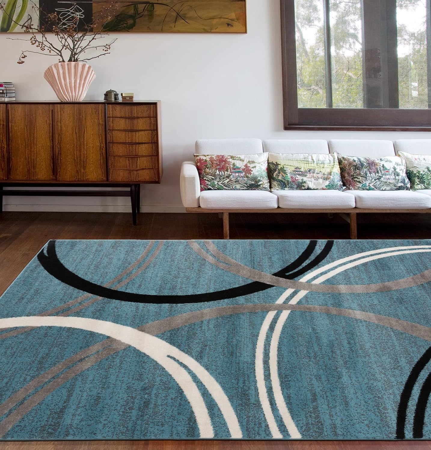 Rugshop Modern Wavy Circles Design Area Rug 7' 10" x 10'2" Blue
