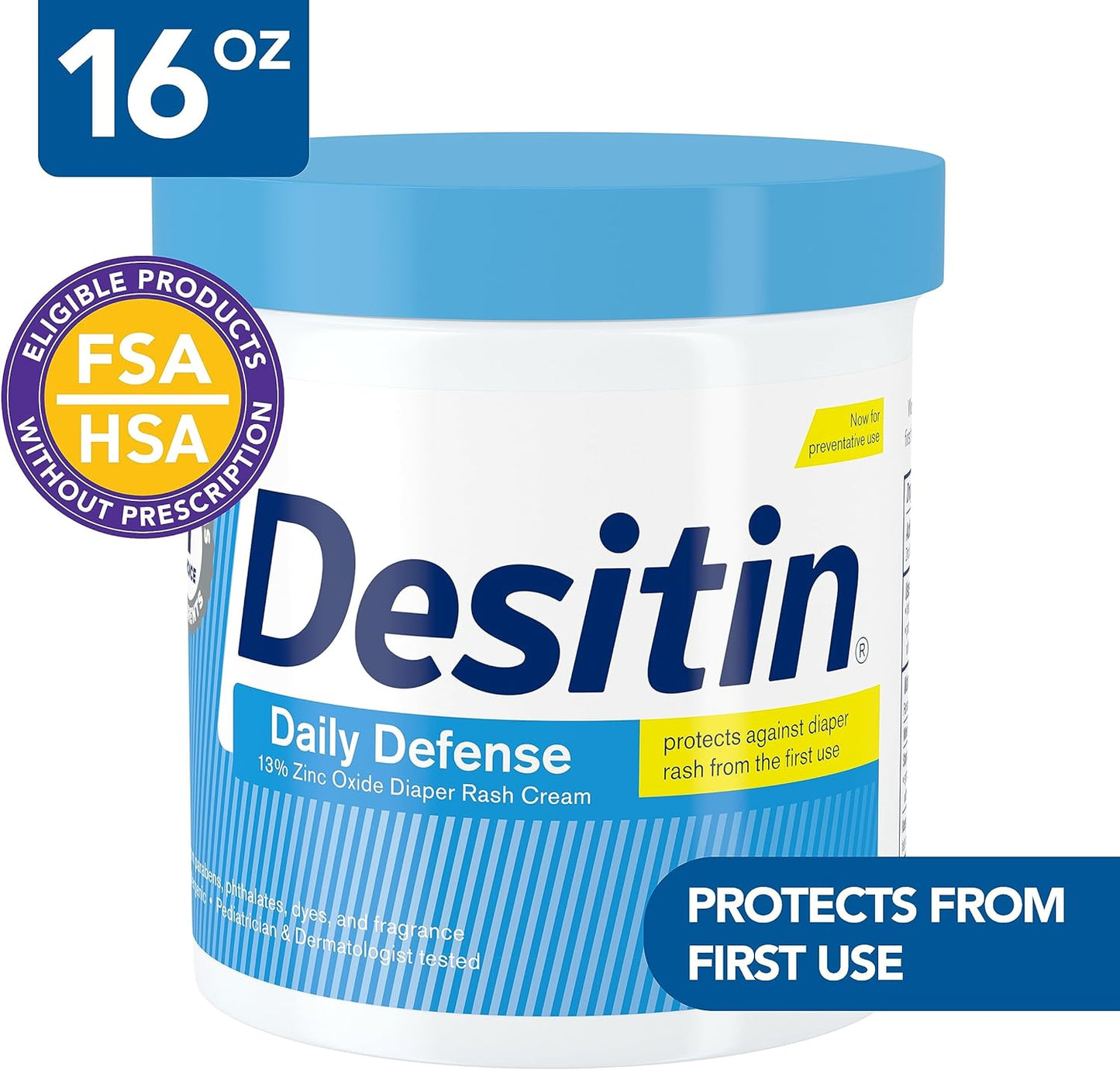 Desitin Daily Defense Baby Diaper Rash Cream with 13% Zinc Oxide, Barrier Cream to Treat, Relieve & Prevent Diaper Rash, Hypoallergenic, Dye-, Phthalate- & Paraben-Free, 16 oz