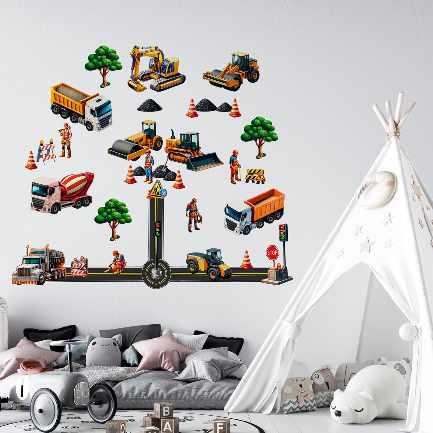 Construction Car Wall Decals for Boys by Lipastick - Road, Trucks, Tractors, Excavators Wall Stickers for Kids Bedroom, Nursery, Playroom - Peel and Stick Transport Themed Wall Decals - M Size