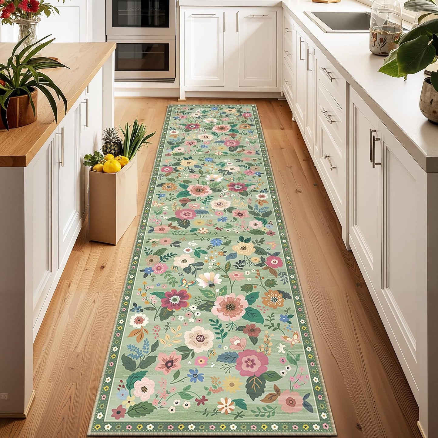 Floral 2x6 Area Rug Machine Washable Soft Print Boho Carpet Non Slip Doormat Low Pile Flower Area Rugs for Living Room Bedroom Nursery Kitchen Dining Room Indoor-Light Green