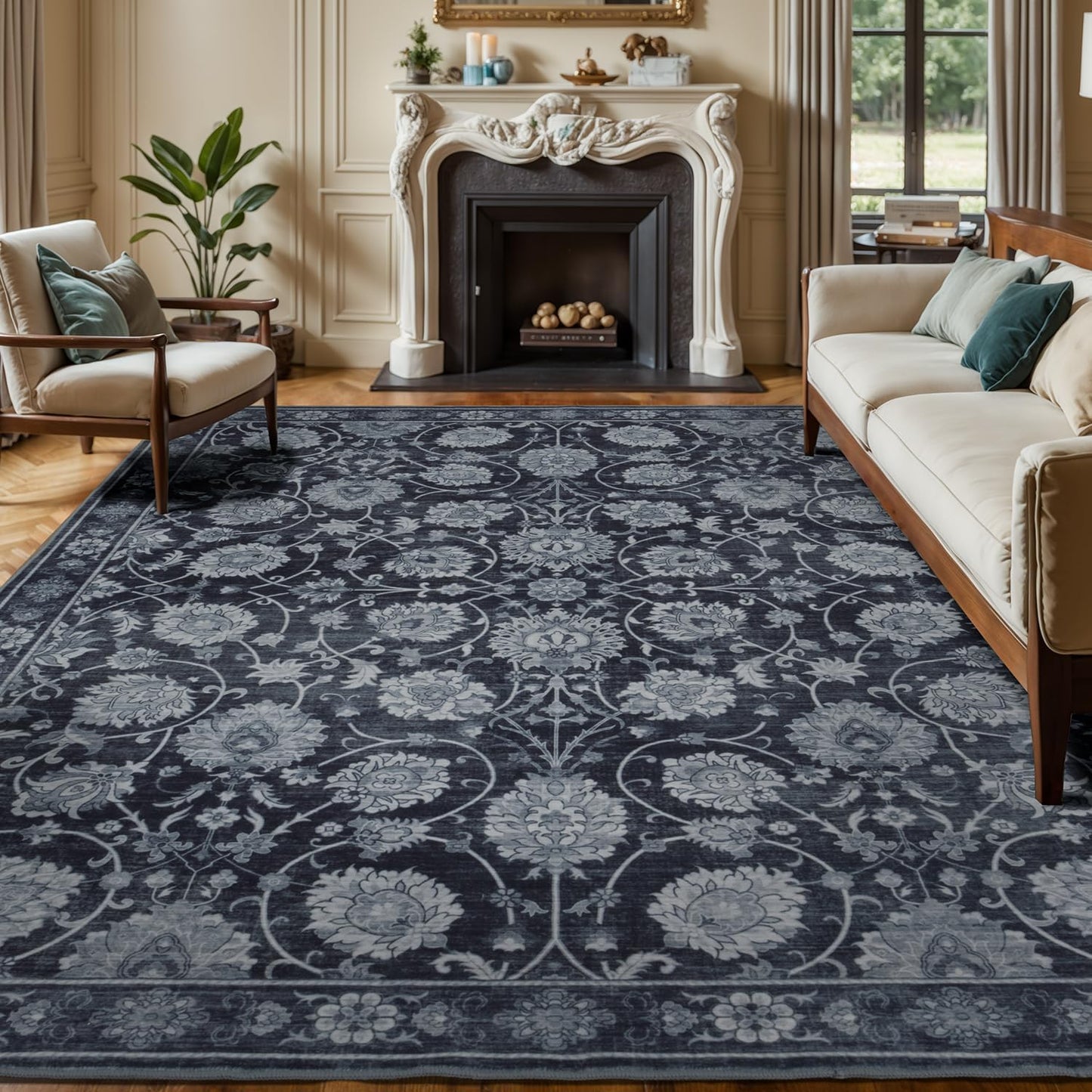 Black 8x10 Area Rugs for Living Room, Washable Large Bedroom Rug, Soft Non Slip Floral Carpet, Stain Resistant Low Pile Carpets for Indoor Under Table Dining Home Office Nursery, Black