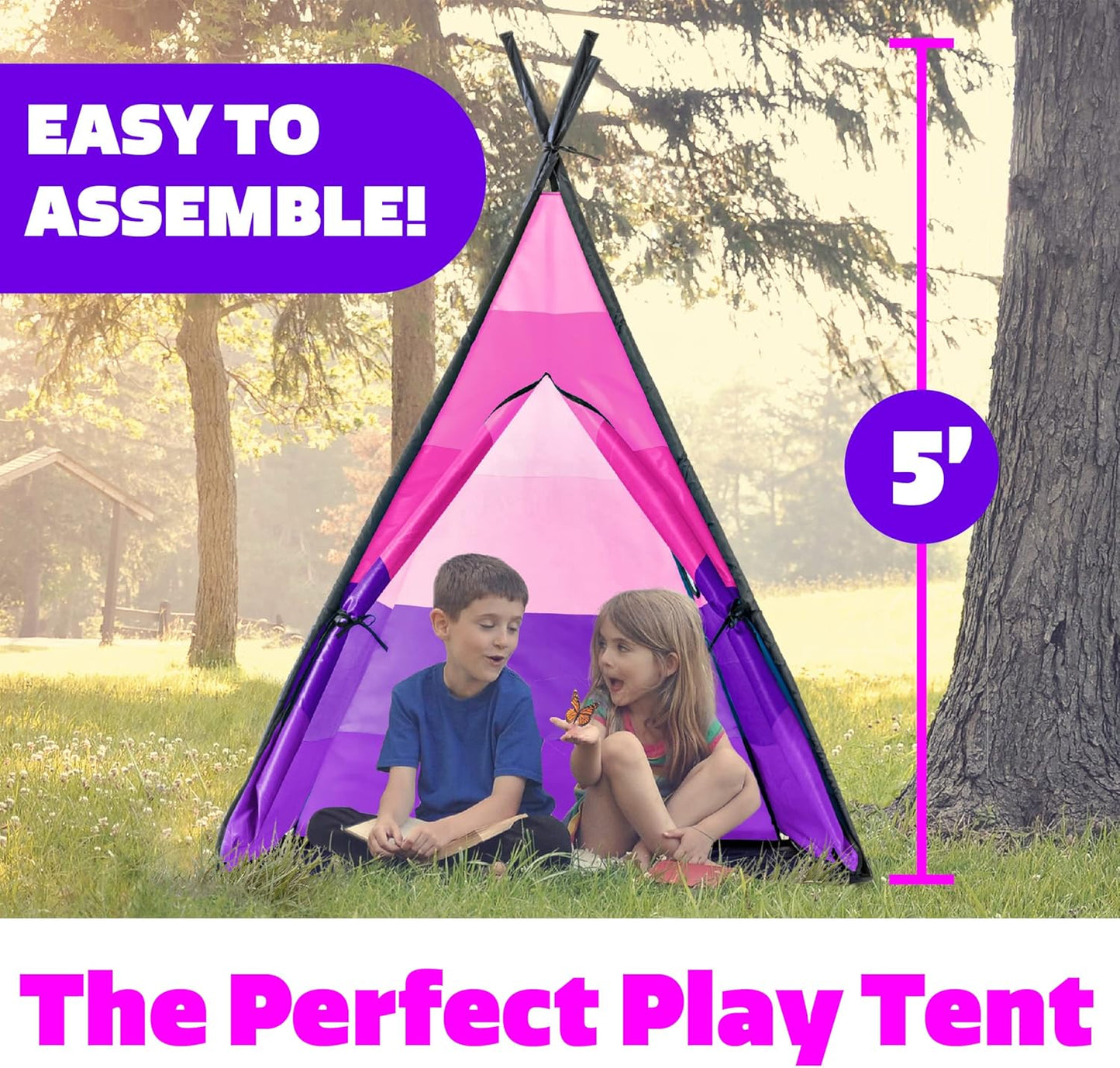 USA Toyz Happy Hut Teepee Tent for Kids - Indoor Pop Up Teepee Kids Playhouse Tents for Boys, Girls, Toddlers with Portable Storage Bag (Pink)