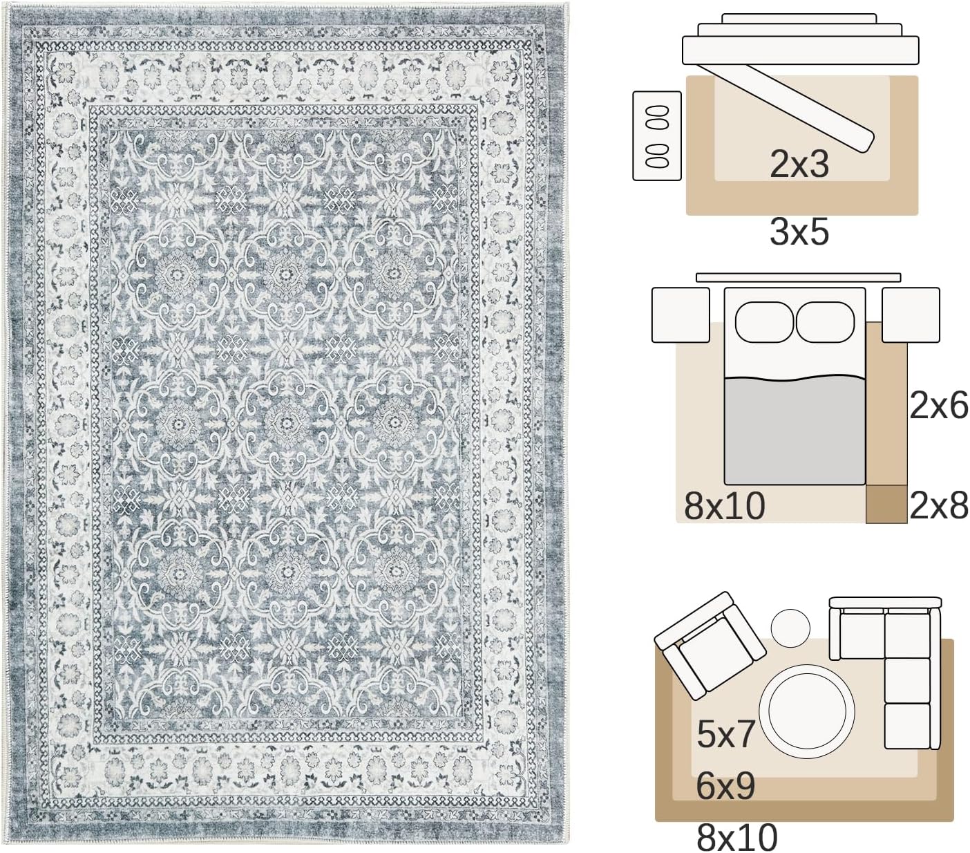 jinchan Floral 3x5 Area Rugs for Entryway - Taupe Vintage Distressed Design Doormat Non-Slip Ultra-Thin Low Pile Boho Rug for Kitchen Living Room Bedroom Farmhouse (3‘x5',Grey)
