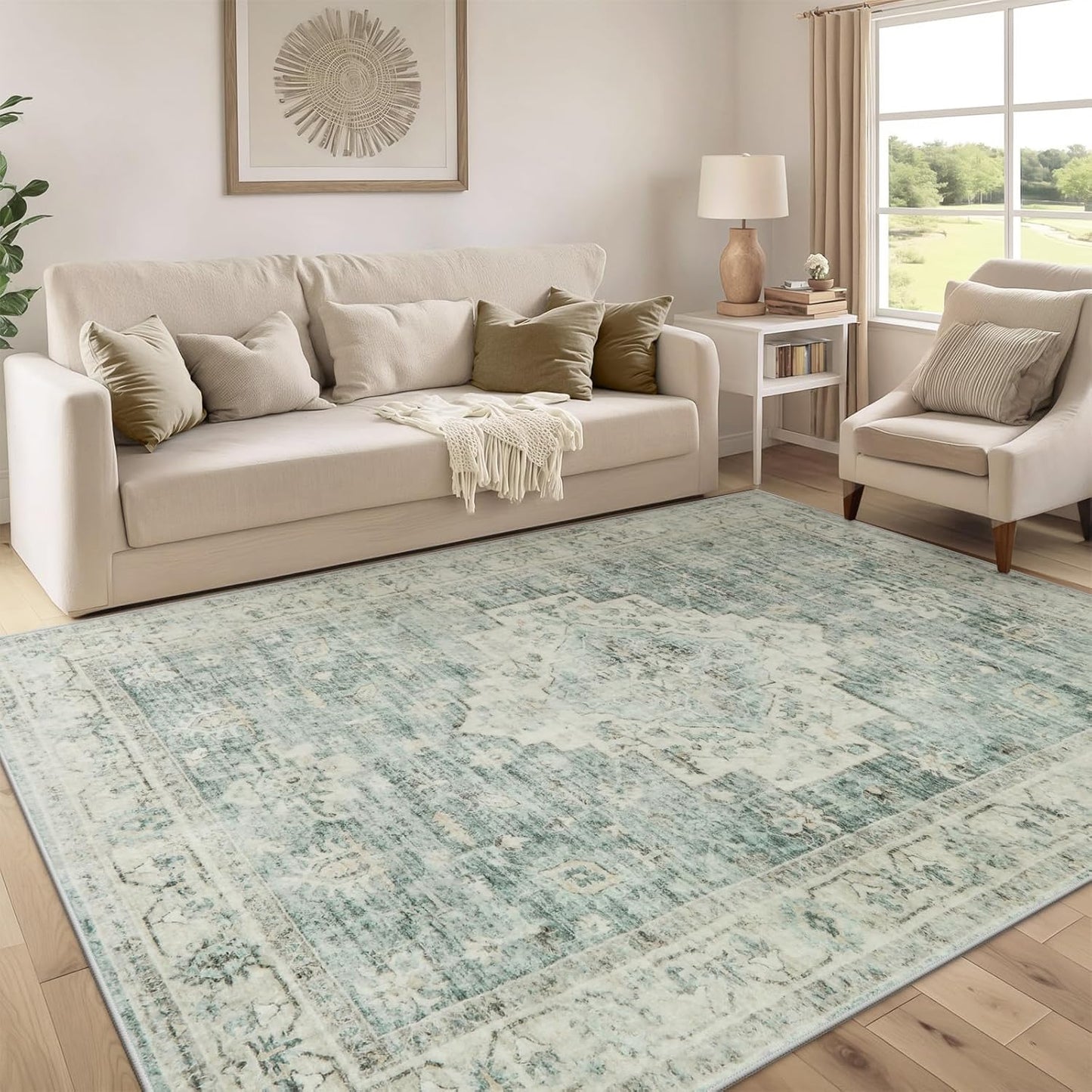 LIVEBOX Washable Area Rug 6x9 Rugs for Living Room Dining Room Under Table, Non-Slip Boho Indoor Carpet for Bedroom, Low-Pile Farmhouse Soft Carpets for Nursery Playroom, Sage Green