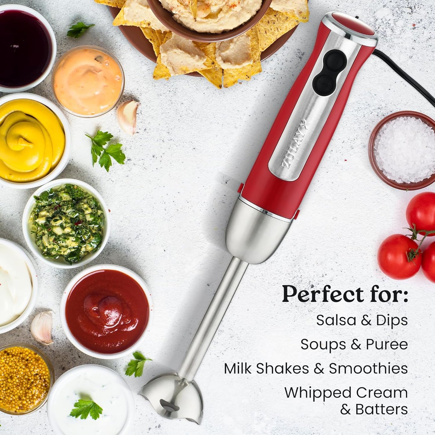 Zulay Immersion Stick Mixer Hand Blender - 800 Watts, Turbo Mode, 5-ft Power Electric Cord, Handheld Portable, Stainless Steel Blades - For Effortless Blending Smoothie, Soup, Baby Food, Puree - Red