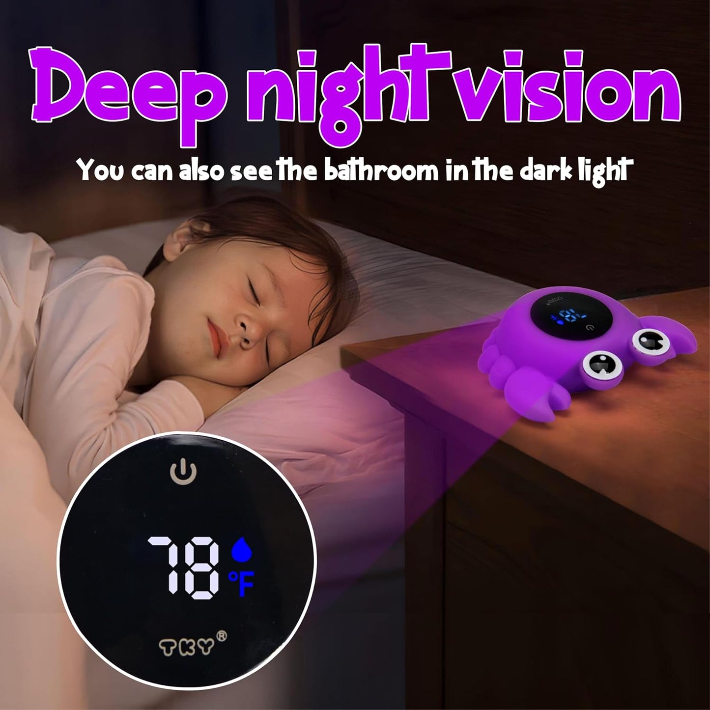 TKY Baby Bath Thermometer with Floating Toys & Room Temperature Monitor - Rechargeable Digital Thermometer with Temperature Alerts, Bath Essentials for Newborns, Infants Crab (Purple)
