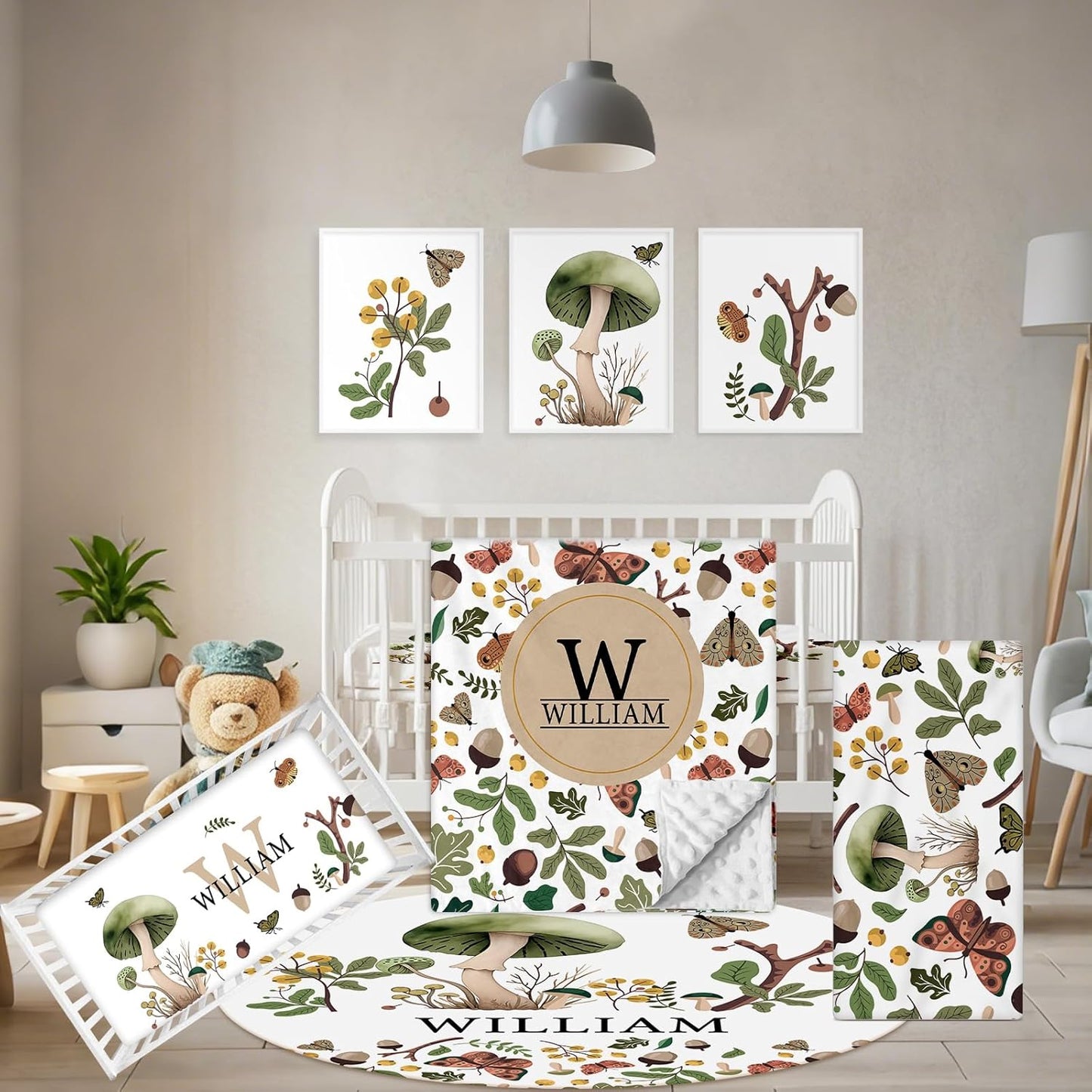 Personalized Crib Bedding Set, 5 Pcs Custom Nursery Bedding Sets with Name, Infant Bedding Set for Baby Boy Girl, Mushroom Double Layer Baby Crib Set, Babies Toddlers Kids Customized Gifts