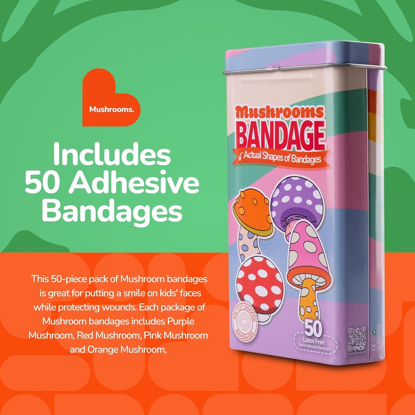 BioSwiss Bandages, Mushroom Shaped Self Adhesive Bandage, Latex Free Sterile Wound Care, Fun First Aid Kit Supplies for Kids and Adults, 50 Count