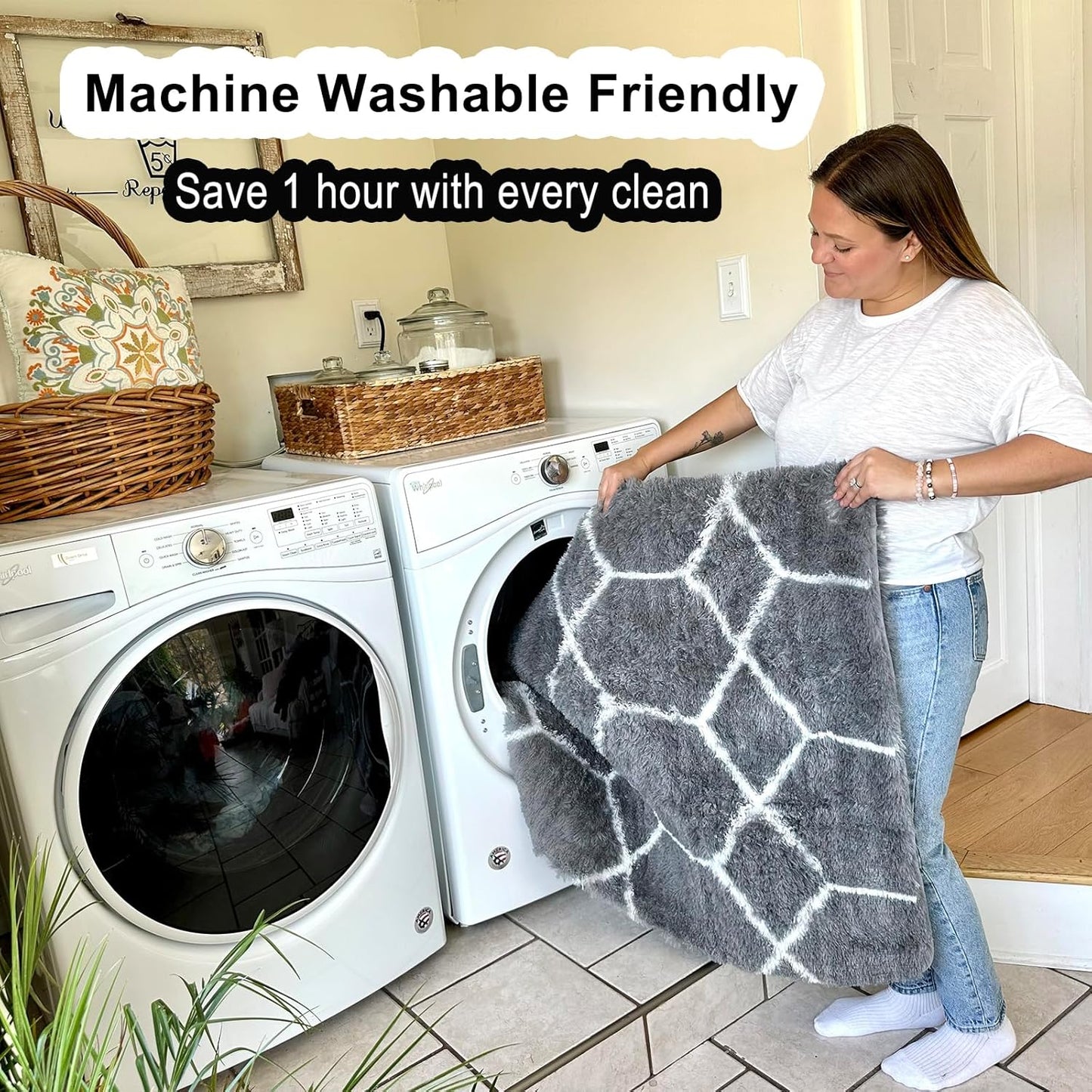 ONASAR 5x7 Area Rugs for Living Room Bedroom, Washable Fluffy Grey and White Faux Fur Bedside Rug, Geometric Boho Soft Plush Shaggy Floor Carpet Mat for Nursery Kids Girls Teen Dorm Home Decor