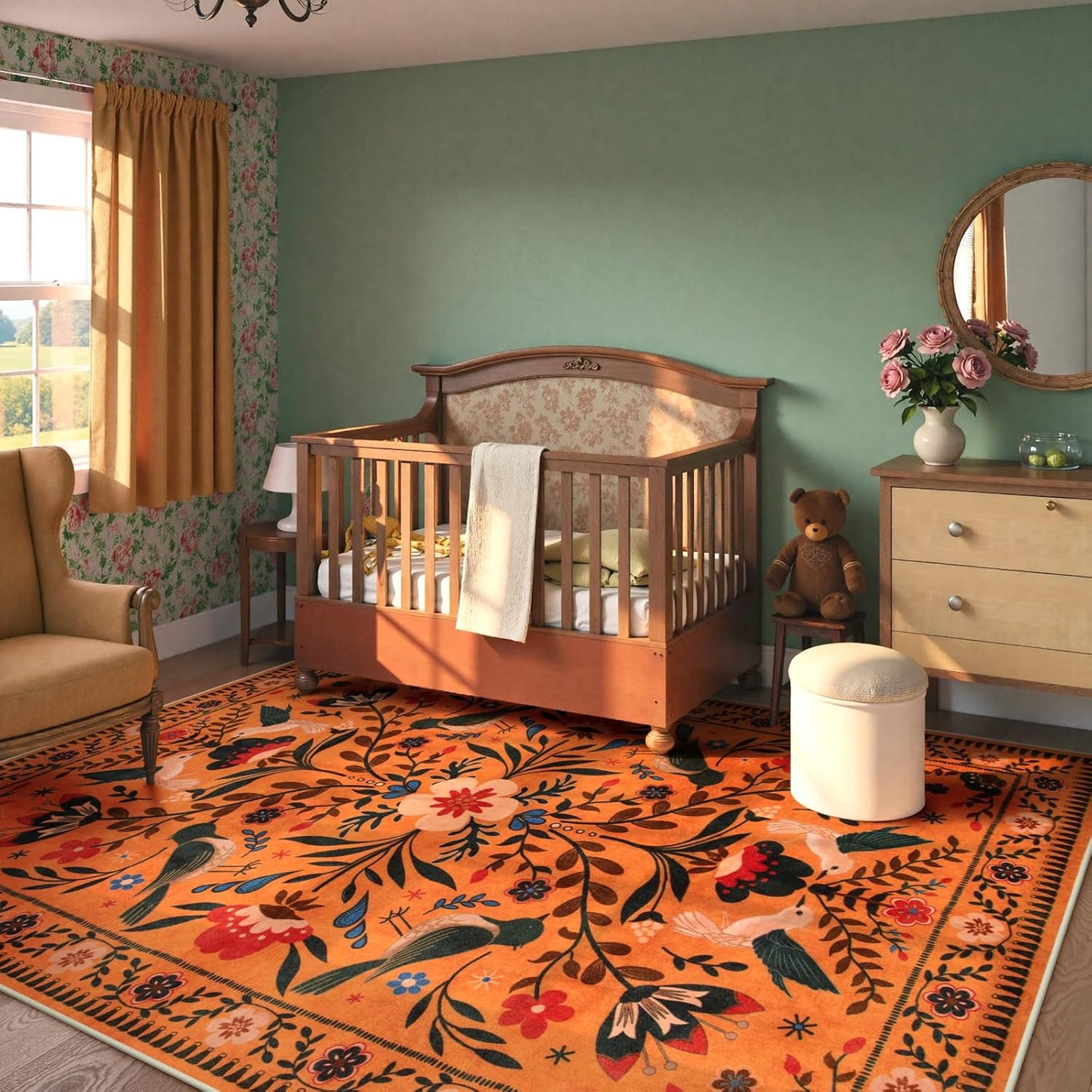 Moynesa Washable Rugs 8x10, Ultra Thin Boho Bird Living Room Area Rug Stain Resistance, Indoor Soft Orange Floral Large Easy Clean Carpet for Bedroom Dining Room Under Table Kid Playroom