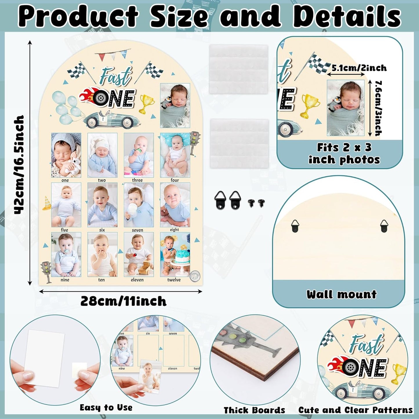 R HORSE My First Year Photo Display Wood Board - 3D Race Car Baby's First Year Picture Frame, 12 Months Milestone Board Neutral Baby Keepsake Gift One Year Old Birthday Nursery Decor for Boy