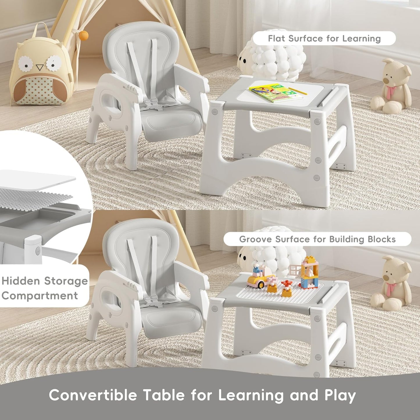 Xilingol 8 in 1 Convertible Baby High Chair W/Wheels, Baby Feeding Chair W/Adjustable Backrest & Removable Dual Tray, Building Block Table & Chair Set, HighChair for Babies & Toddlers (Grey)