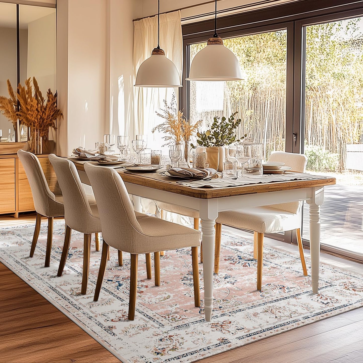 jinchan 6x9 Area Rugs for Living Room - Machine Washable Vintage Floral Distressed Design Stain Resistant Boho Carpet Ultra-Thin Low Pile Non-Slip for Bedroom Dining Room Office (6‘x9',Pink)