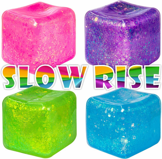 4Pack Glitter Squishy Cube Square Nice Stress Cube Slow Rise Glitter Stress Balls for Adults, Malt Sugar Stress Balls, Sensory Fidget Toys Gel Ice Cube Squishy‘s - Relieve Anxiety/Autism/ADD/ADHD