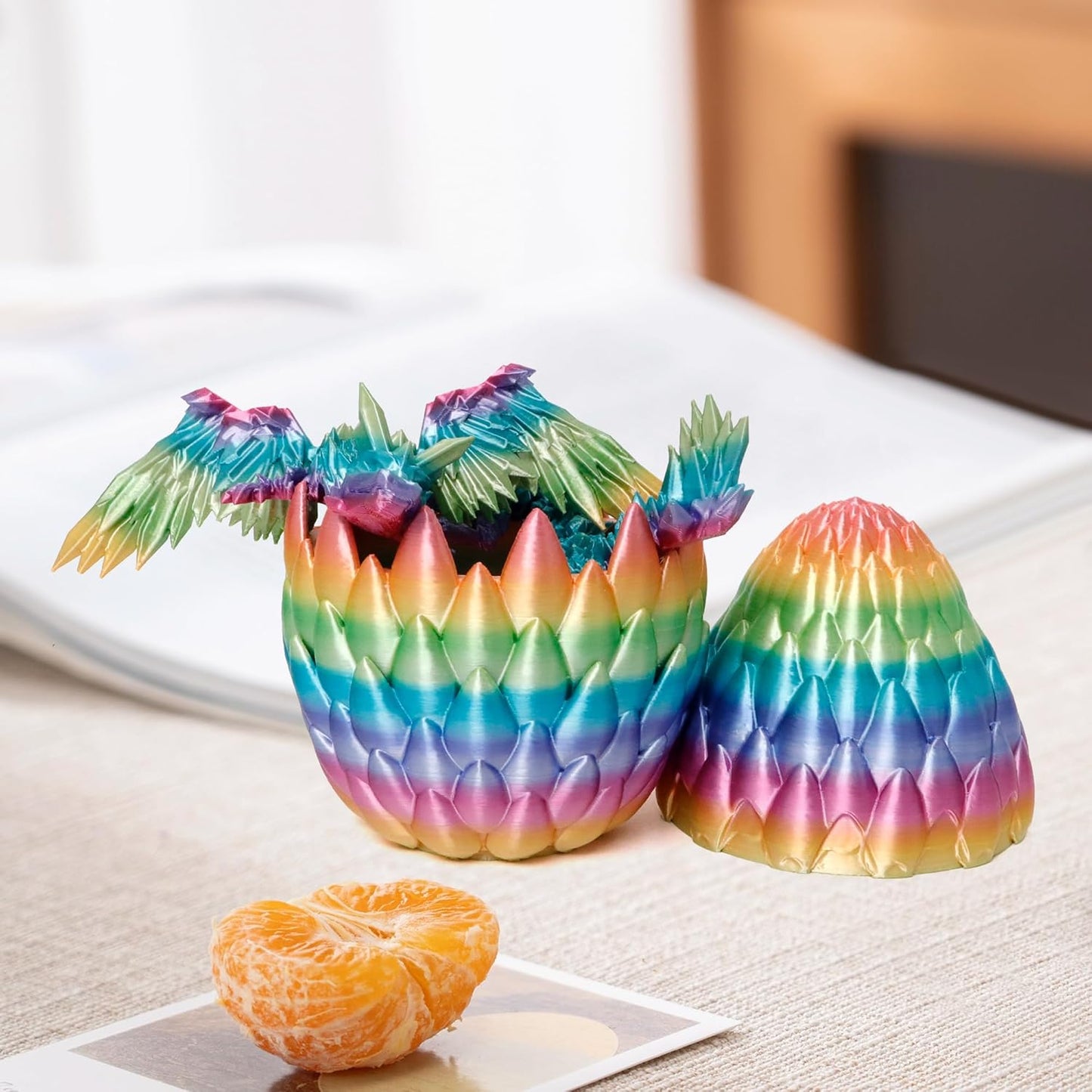 3D Printed Dragon Egg, Rainbow Flying Dragon in Colorful Eggs, Fidget Toy for Birthday Gift, Flexible Desk Figure Decor (Rainbow)