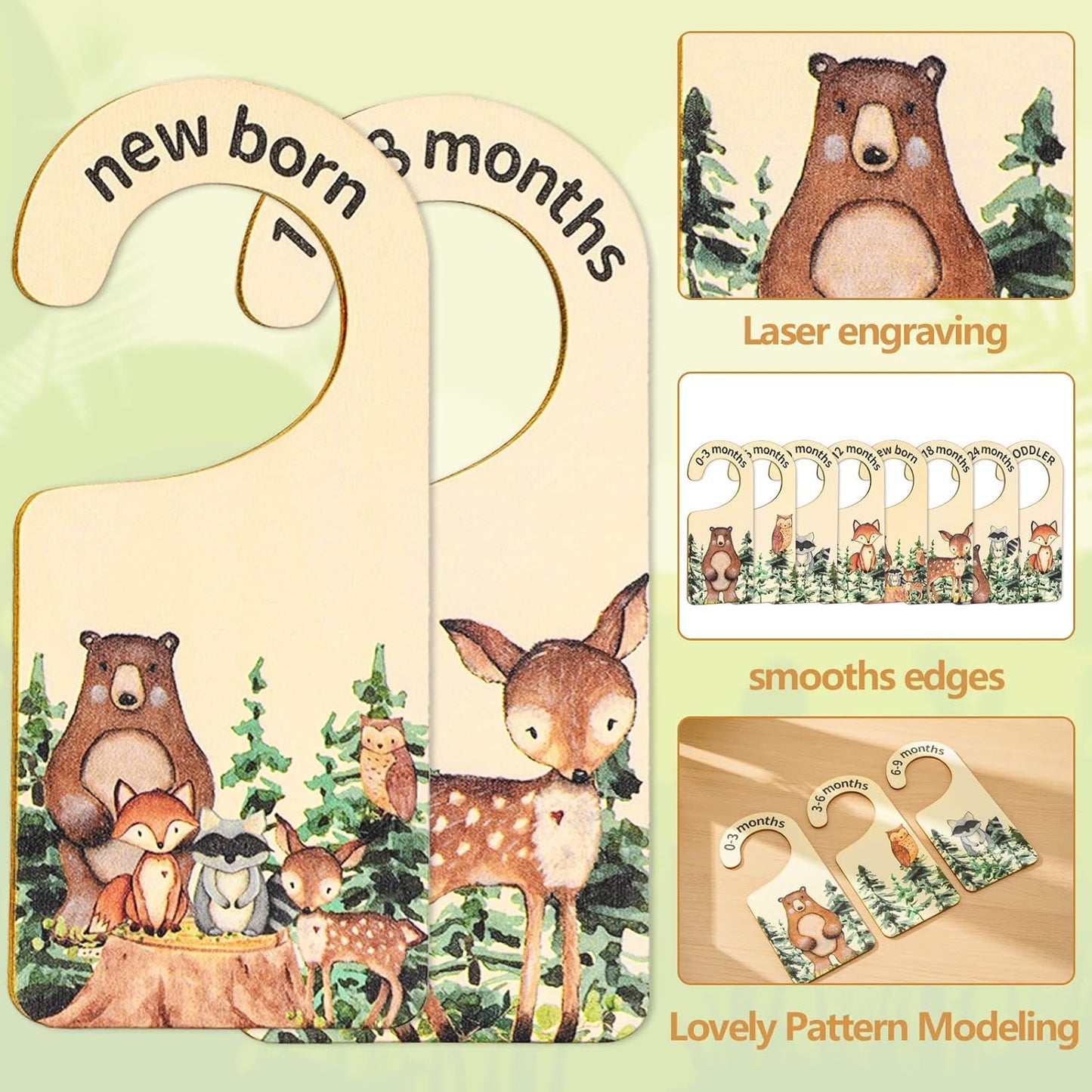 Whaline 8Pcs Woodland Design Hanging Wooden Baby Closet Size Dividers and Organizer - Newborn to 24 Months - Thicken Wardrobe Organizer for Home Nursery Clothes Decor