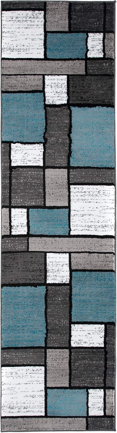 Rugshop Contemporary Modern Boxes for Home Office,Living Room,Bedroom,Kitchen Non Shedding Runner Rug 2' x 10' Blue/Gray