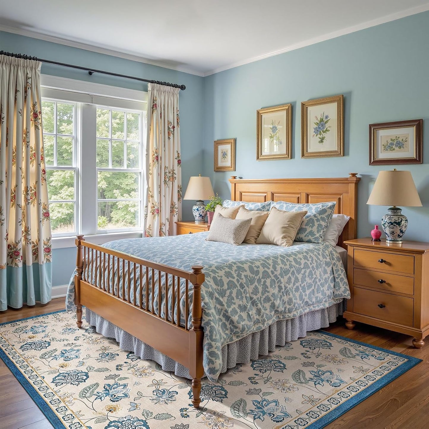 jinchan 8x10 Floral Rug for Living Room Washable Bedroom Rug Vintage Romance Design Non Slip Thin Indoor Floor Cover Large Low-Profile Throw Carpet for Dining Room Office, Blue/Beige