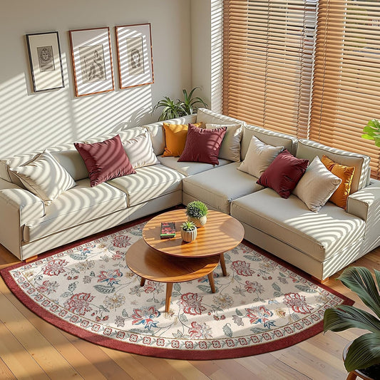 jinchan Floral Corner Rug for Kitchen Washable Nursery Rug Vintage Romance Design Non Slip Quarter Circle Lightweight Low-Pile Throw Carpet for Playroom Reading Nook Office, 5ft Radius, Red/Beige