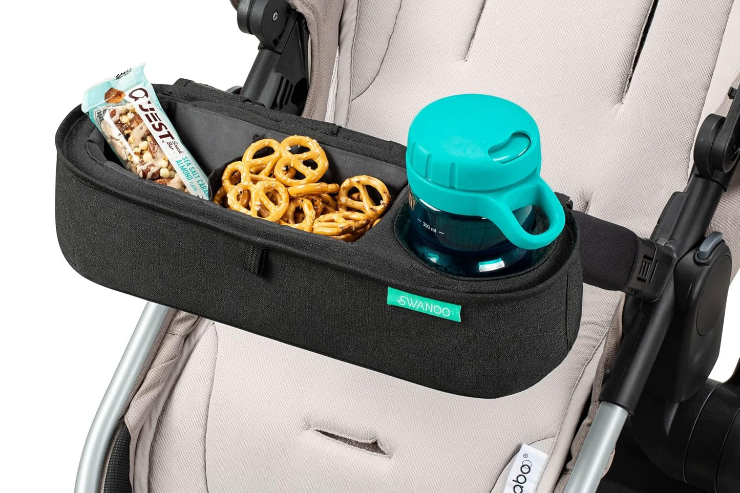 Universal Stroller Tray with Insulated Sippy Cup Holder - Upgraded Rigid Frame Stays Upright - Exclusive Non Slip Straps Firmly Grip Stroller Bar. Universal Stroller Snack Tray Attachment