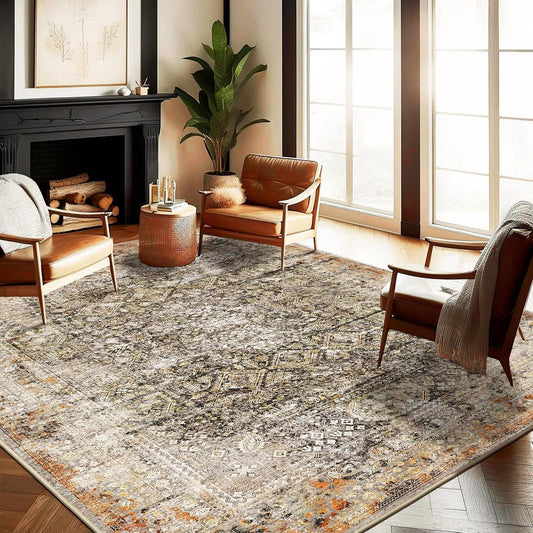 Area Rug 8'x10' Washable Vintage Traditional Mat Distressed Indoor Foldable Thin Retro Accent Floral Print Non Slip Carpet for Living Room Dining Room Office Large Carpet