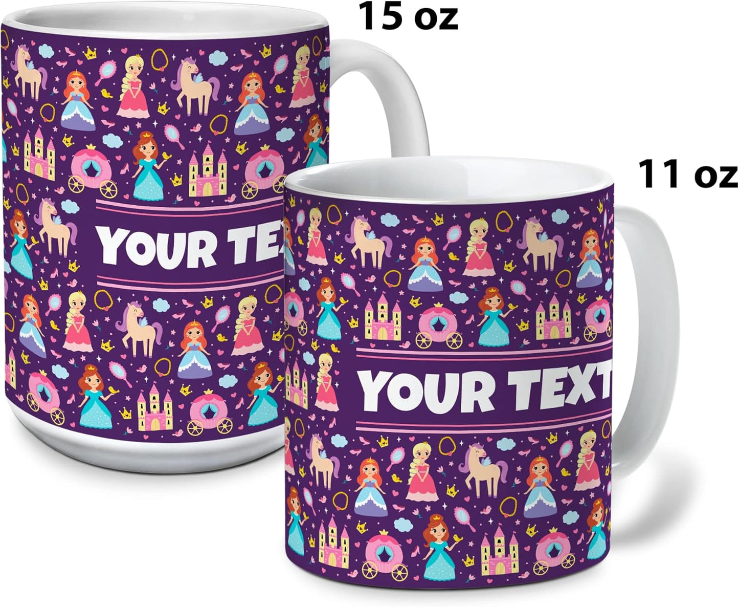 Personalized Mug for Kids - Princesses - Custom Name/Text, Ceramic Hot Chocolate/Cocoa/Coffee Cup for Girls, Birthday/Christmas/Holiday Gift - 15 oz, White Handle