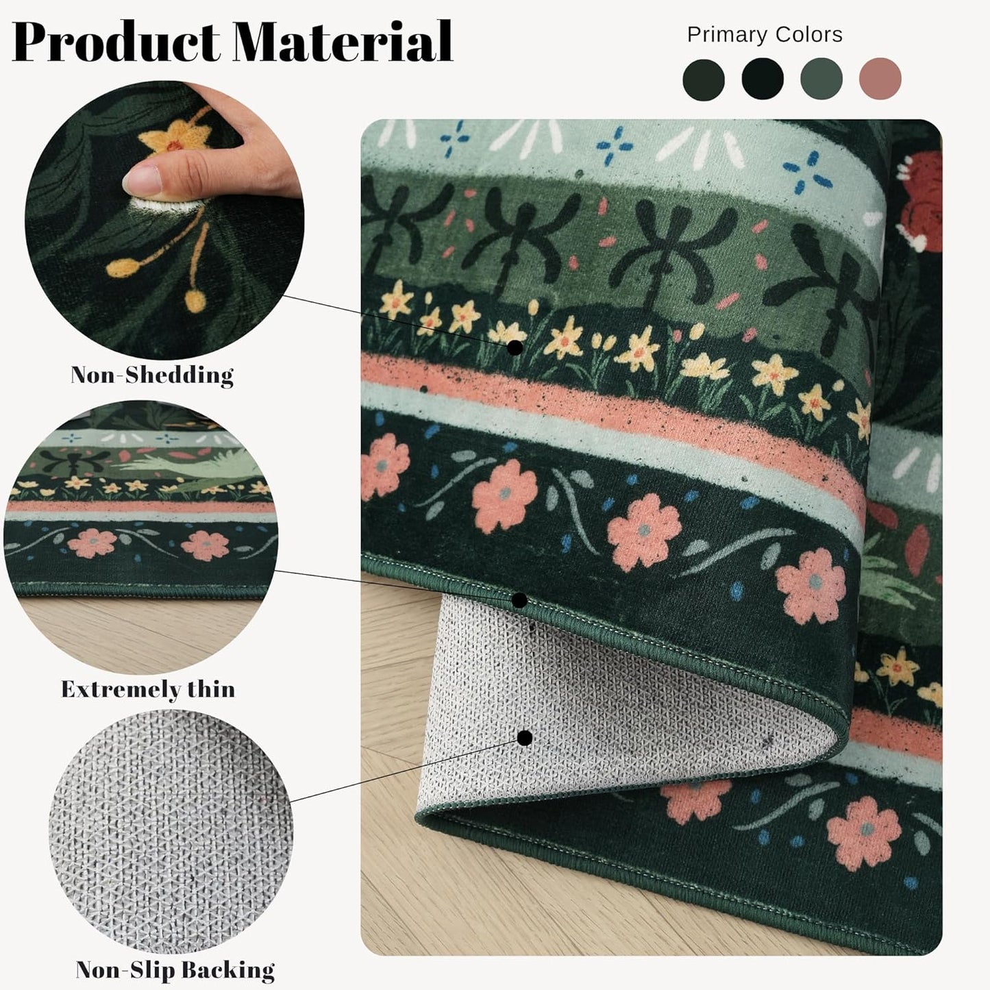 Door Mat Indoor Entrance 2x3 Rug Machine Washable Vintage Floral Botanical Small Area Rug Non-Slip Low Pile Throw Rugs for Entryway, Kitchen, Front Door Entrance, Entry, Kids Room, Green